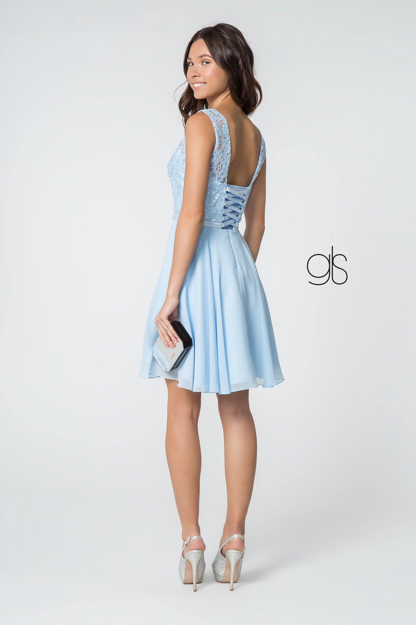 Lace Embellished Bodice Chiffon Short Dress - The Dress Outlet Elizabeth K