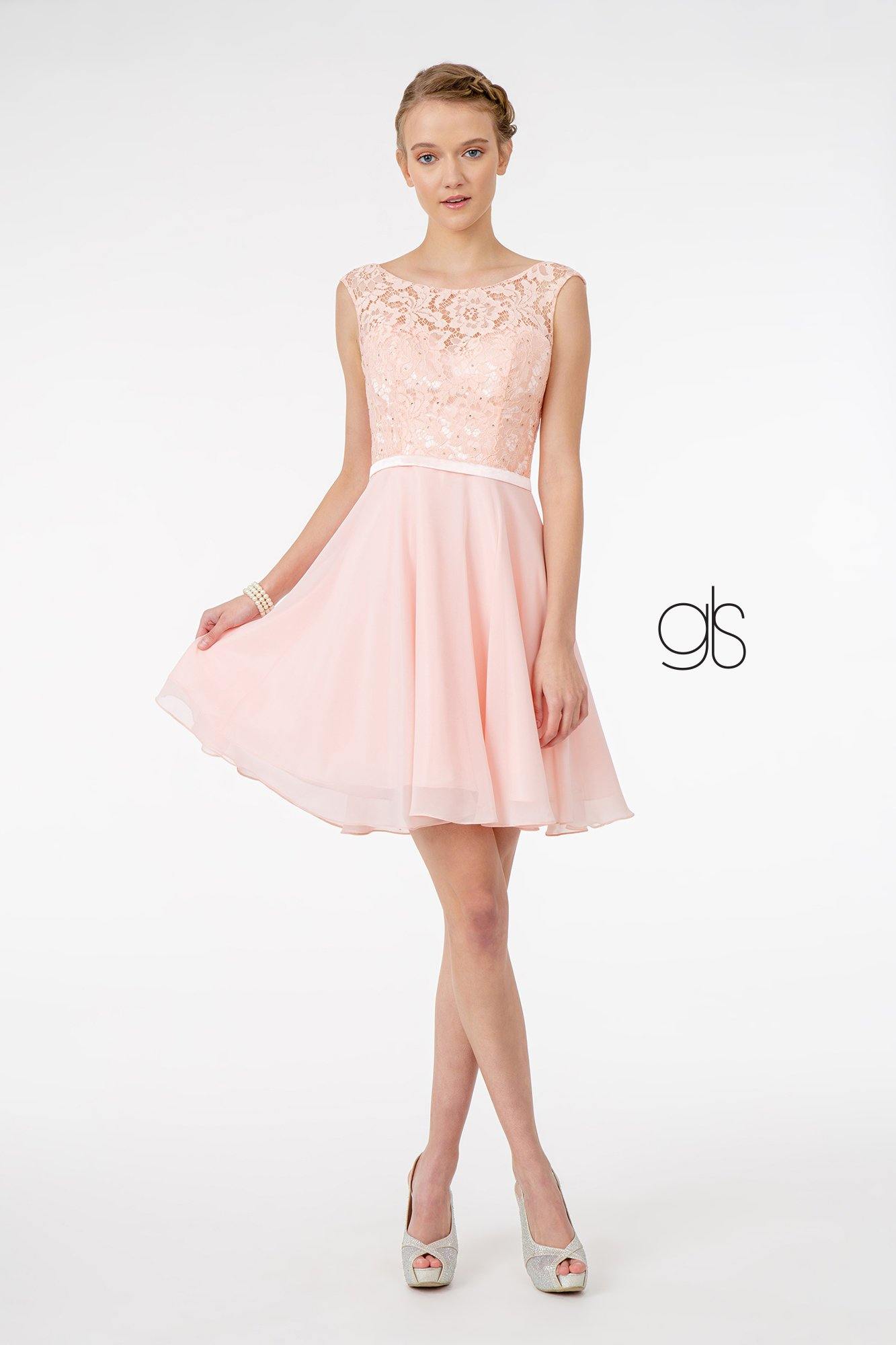 Lace Embellished Bodice Chiffon Short Graduation Dress - Navy / XS Lace Embellished Bodice Chiffon Short Graduation Dress - Navy / XS