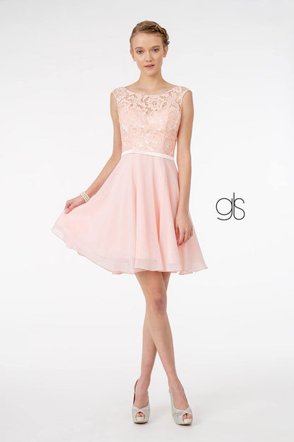 Lace Embellished Bodice Chiffon Short Dress - The Dress Outlet Elizabeth K