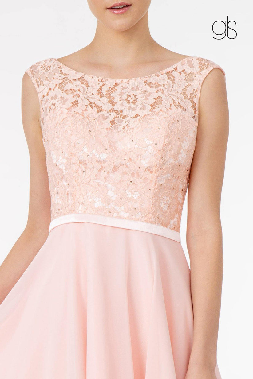 Chiffon and Lace Short Dress with Open Back Brown