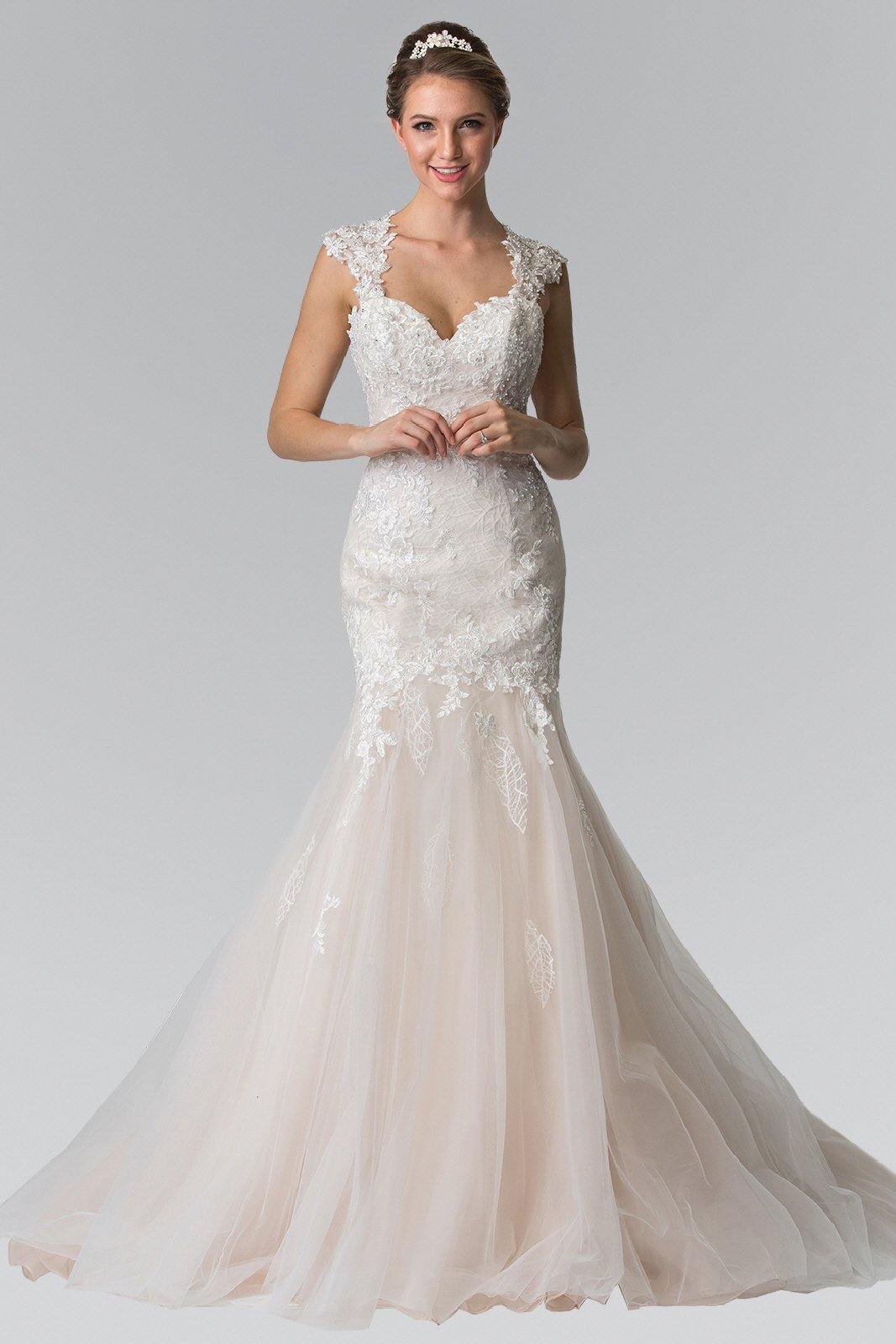 Lace Embellished Long Mermaid Style Wedding Dress - Ivory/Champagne / L Lace Embellished Long Mermaid Style Wedding Dress - Ivory/Champagne / L