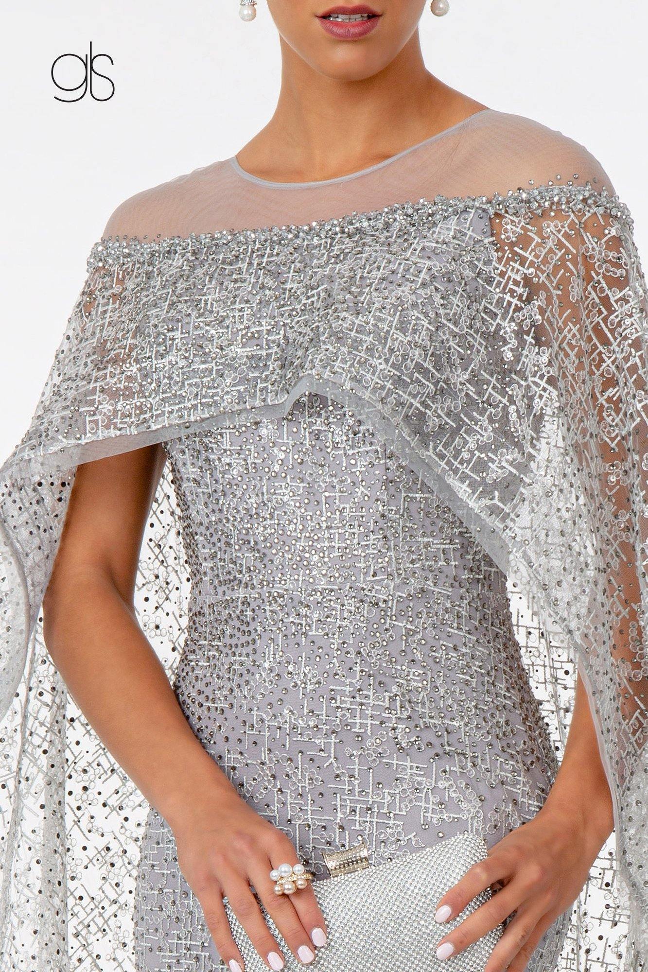 Lace Embellished Prom Long Dress with Attached Cape