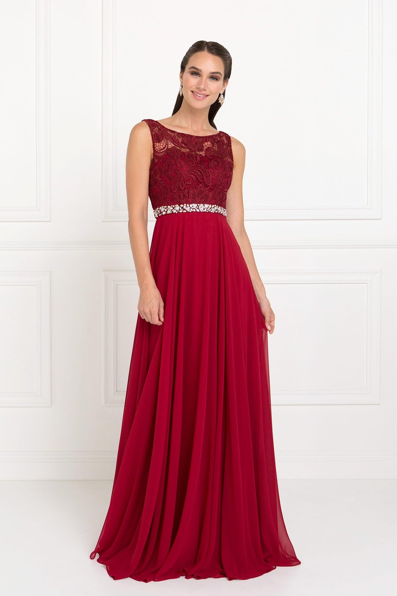 Lace Top Chiffon Long Formal Burgundy Dress - The Dress Outlet Elizabeth K