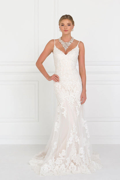Lace V-Neck A-Line Long Wedding Dress - The Dress Outlet Elizabeth K