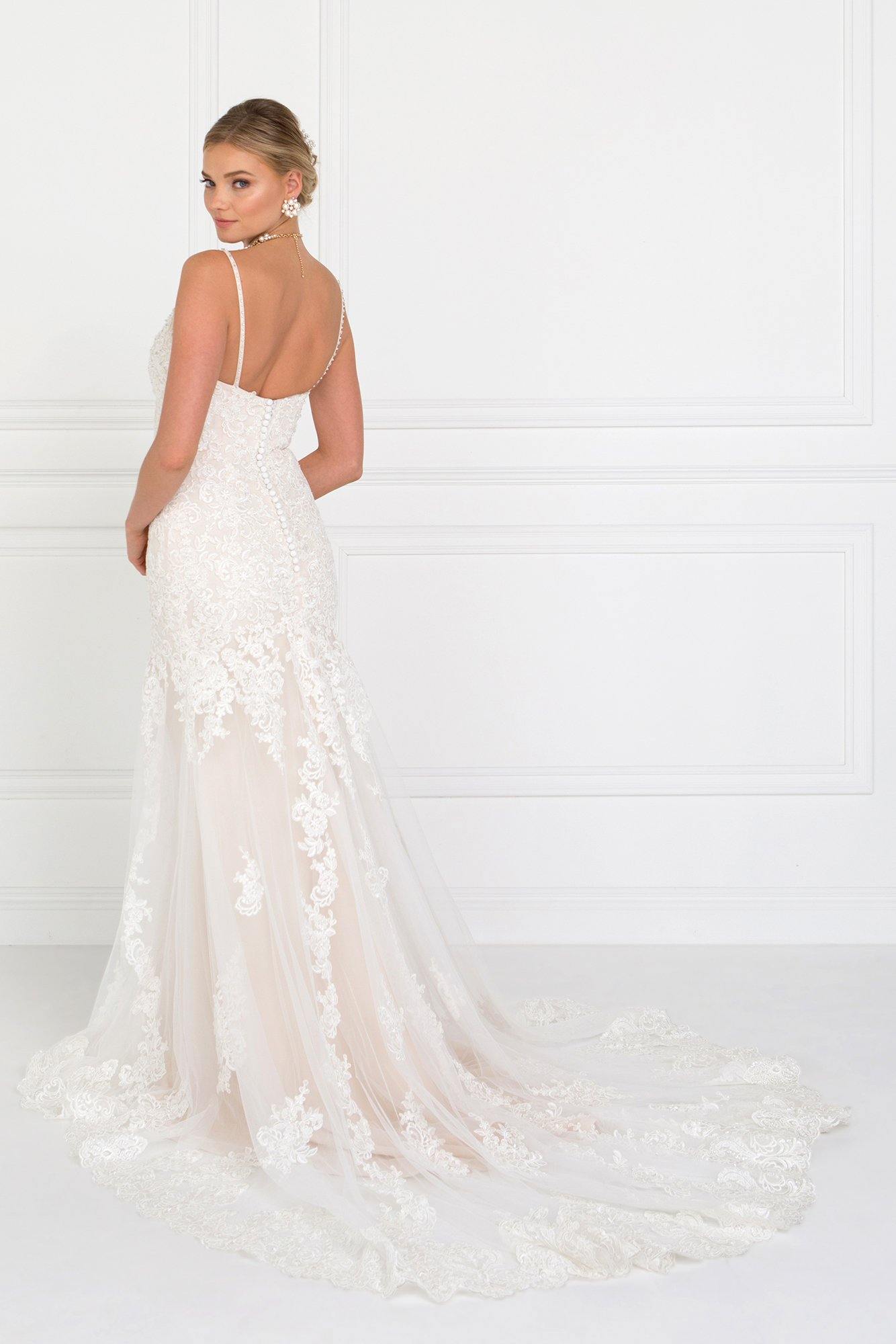 Lace V-Neck A-Line Long Wedding Dress - The Dress Outlet Elizabeth K