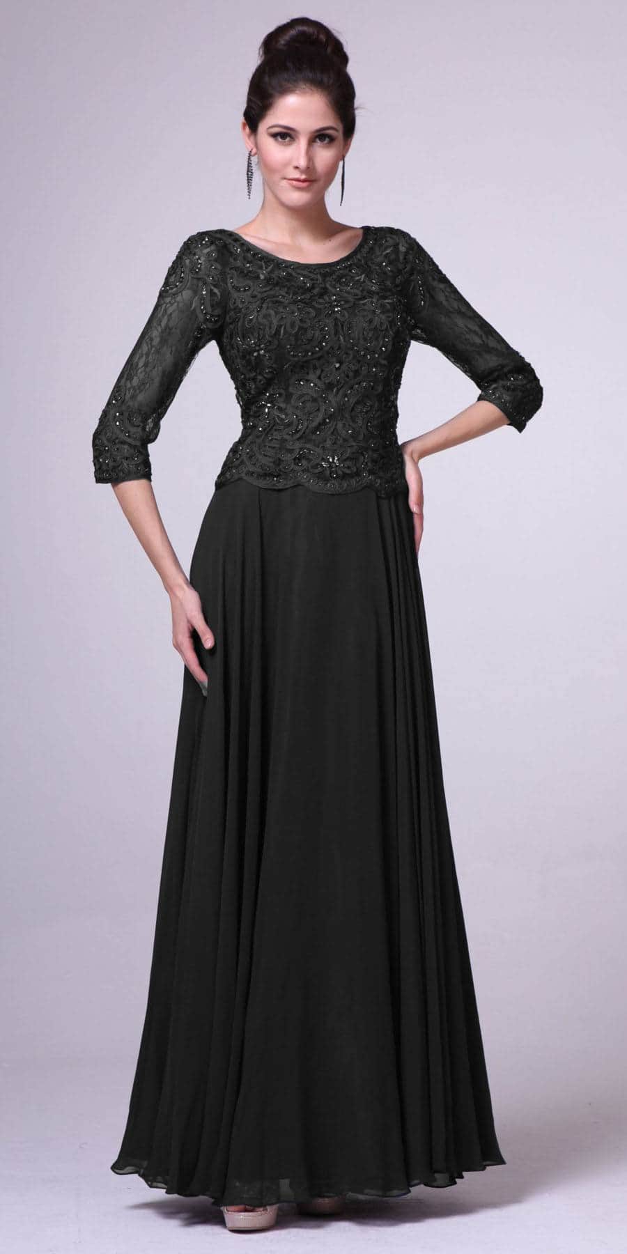 Crew/High-Neck Floor-Length Lace Evening A-Line LaDivine 14327