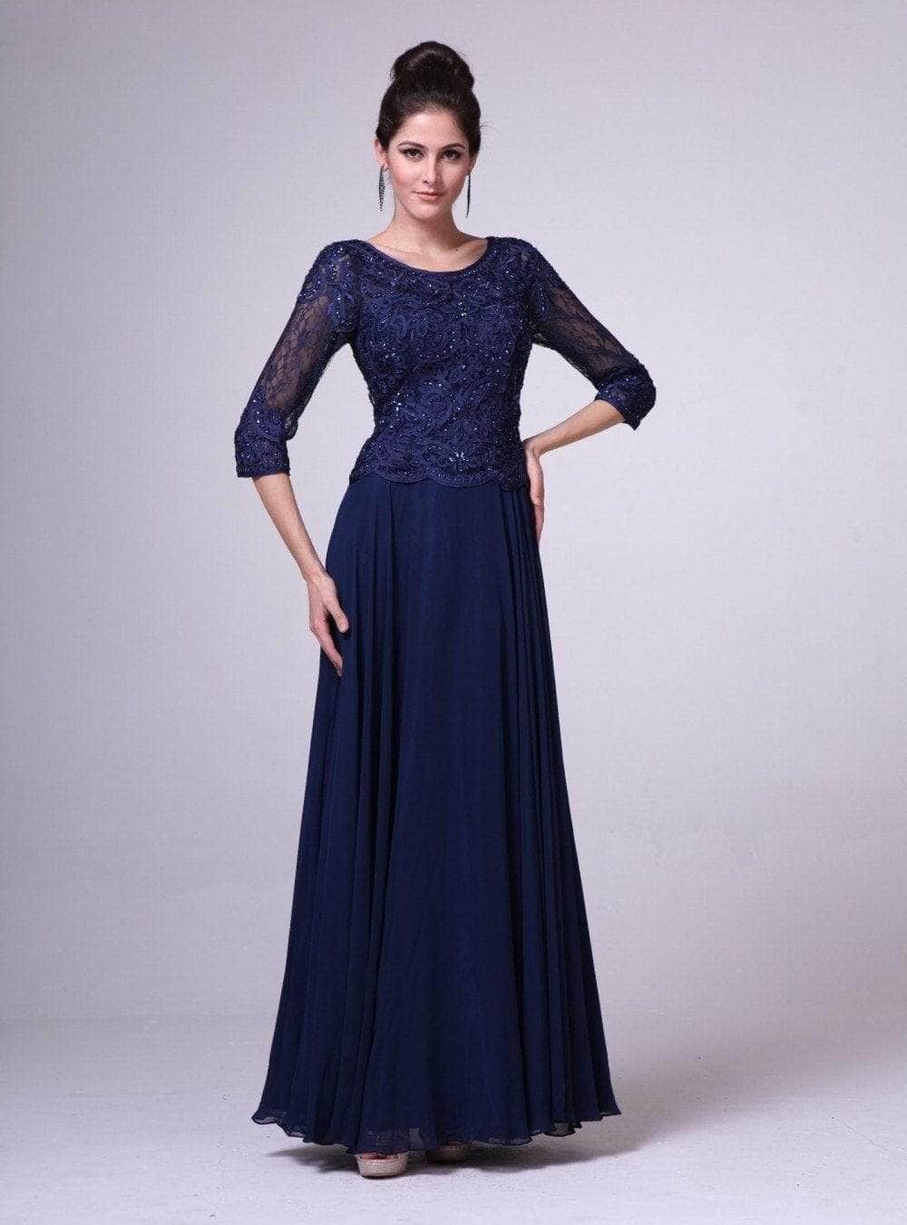Crew/High-Neck Floor-Length Lace Evening A-Line LaDivine 14327