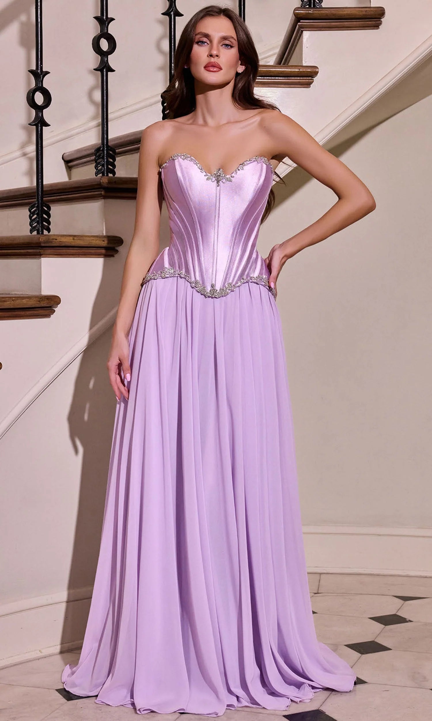 Strapless Curved Neck Floor-Length Chiffon Prom Ball Gown LaDivine 668
