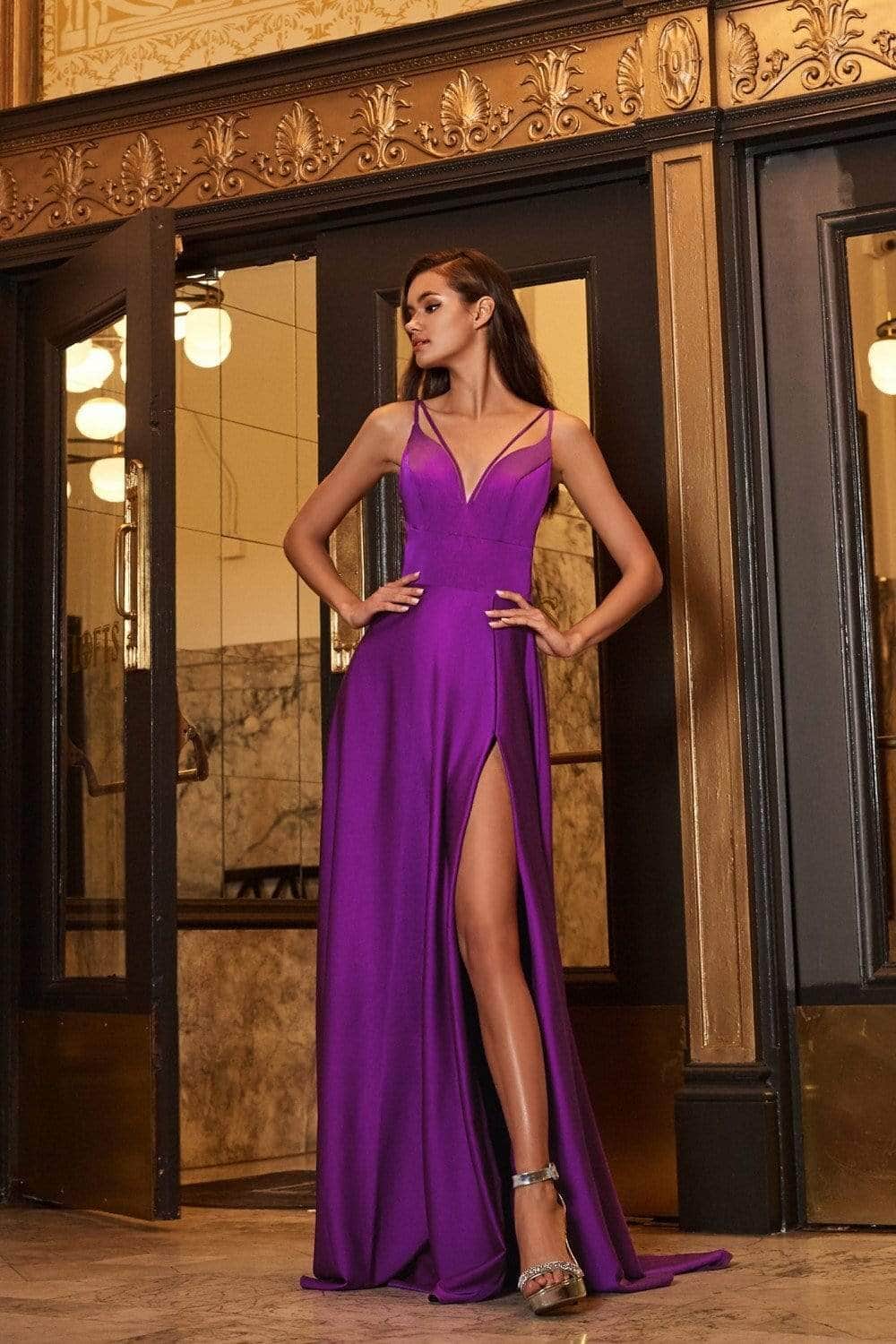 V-Neck Floor-Length Satin Prom Fit & Flare LaDivine CS034