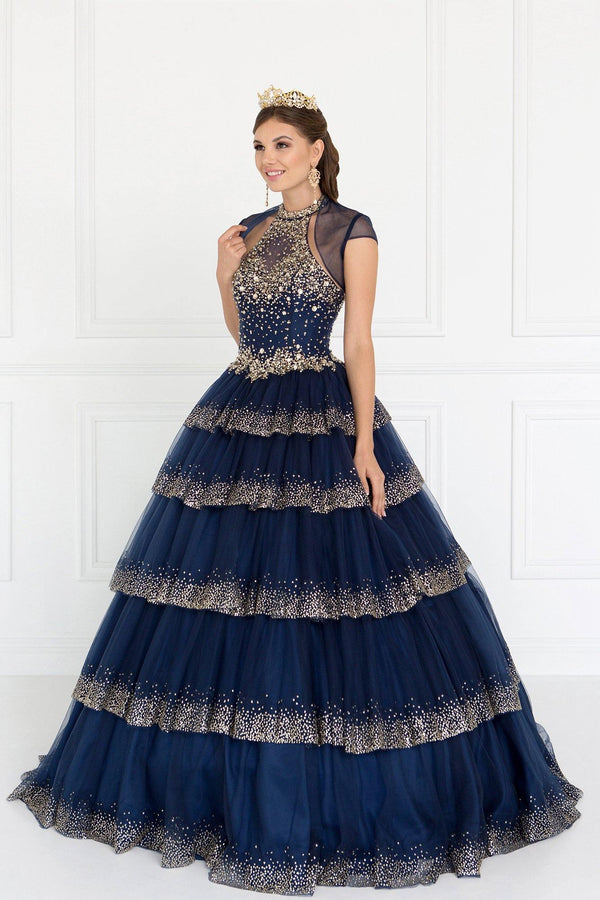 Layered Tulle Halter Quinceanera Dress with Jewels and Bolero