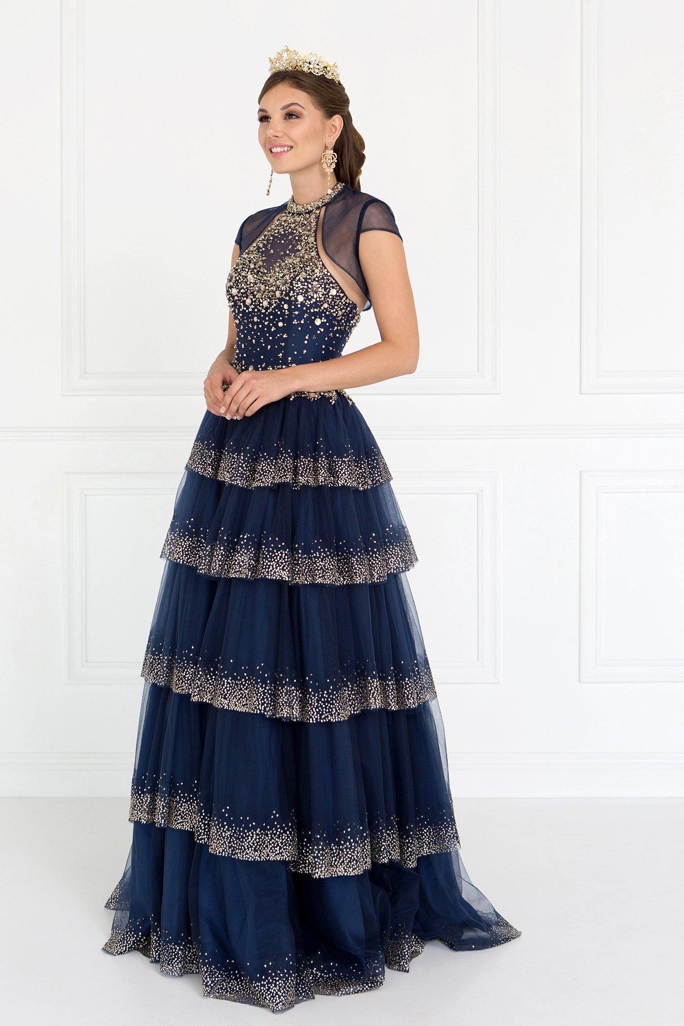 Layered Tulle Halter Quinceanera Dress with Jewels and Bolero