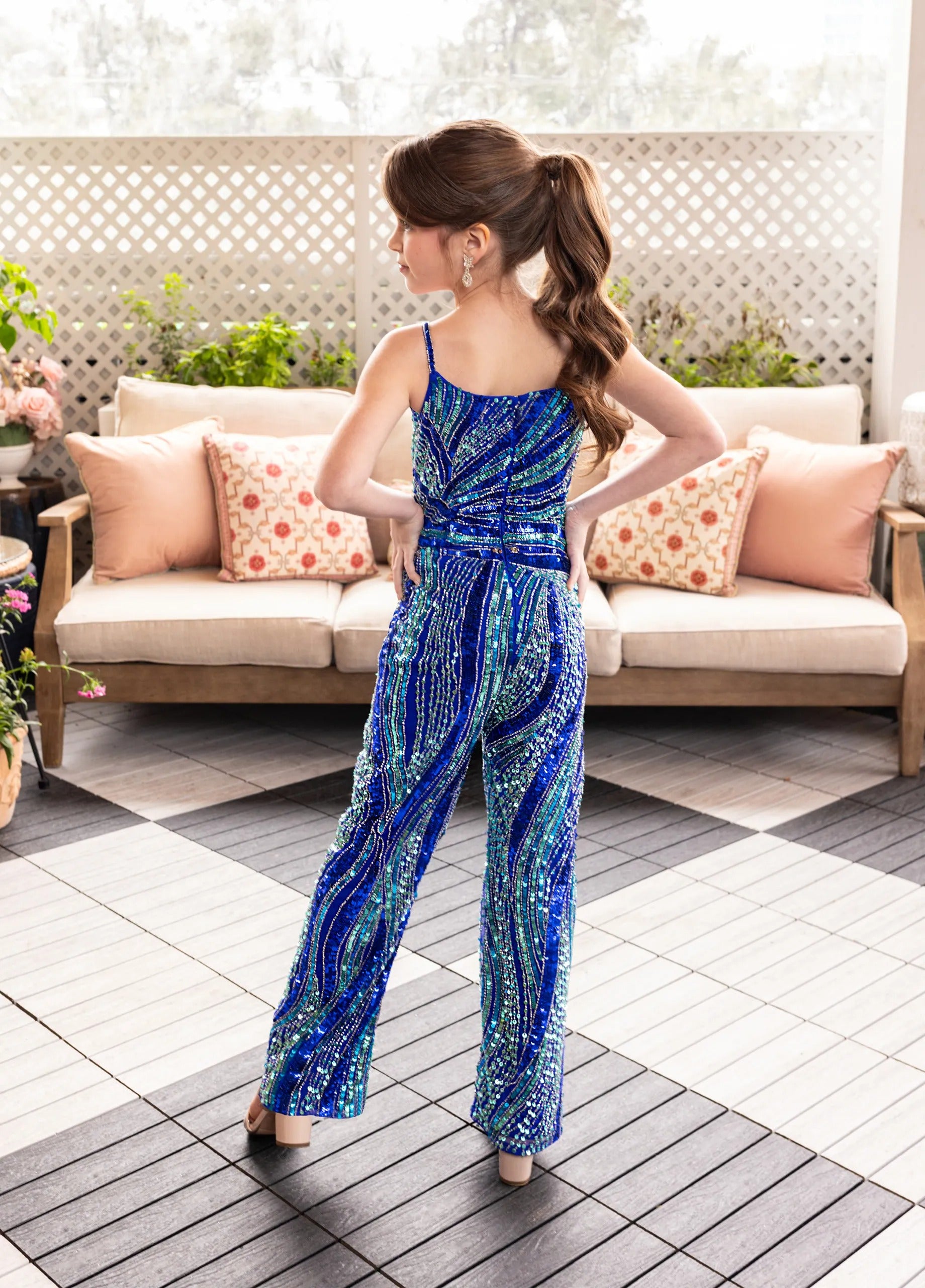 Royal Multi One-Shoulder Floor-Length Sequin Pageant Jumpsuit with Detachable Taffeta Train Rachel Allan 10286