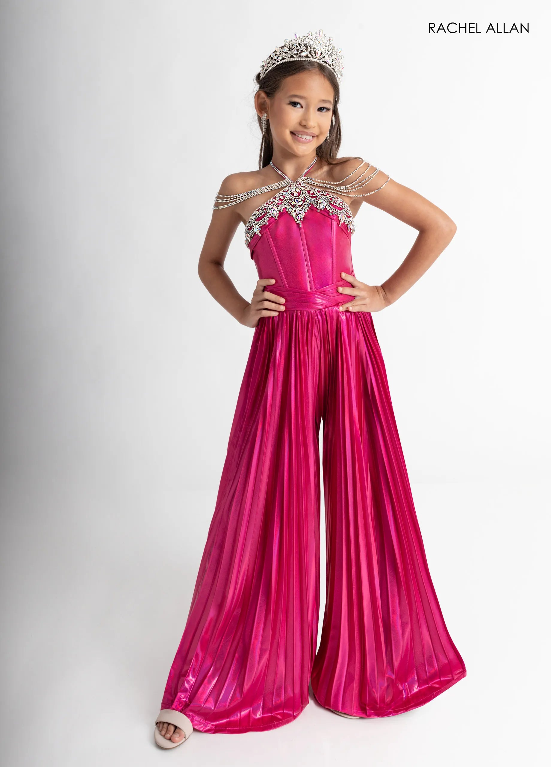 Beaded Off-Shoulder Long Jumpsuit Pageant Dress by Rachel Allan 10305 in Fuchsia