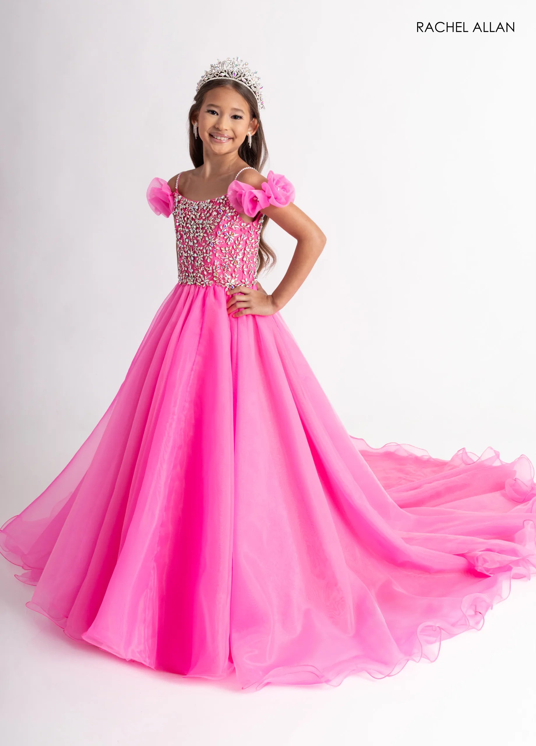 Hot Pink Scoop Floor-Length Tulle Flower Girl Dress with Beaded Bodice Rachel Allan 10300