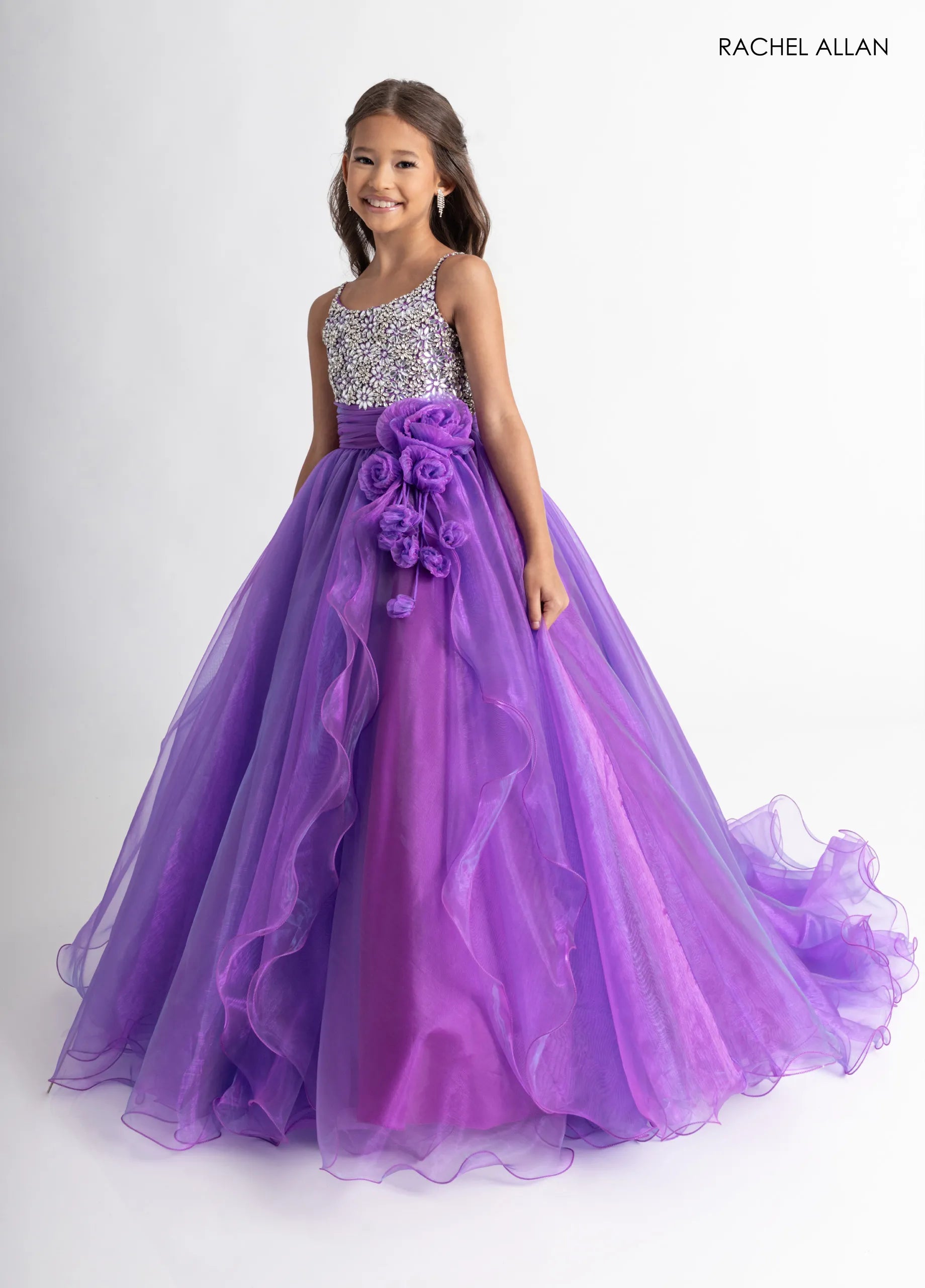 Ultraviolet Scoop-Neck Floor-Length Organza Pageant Ball Gown with Crystal-Beaded Bodice Rachel Allan 10317