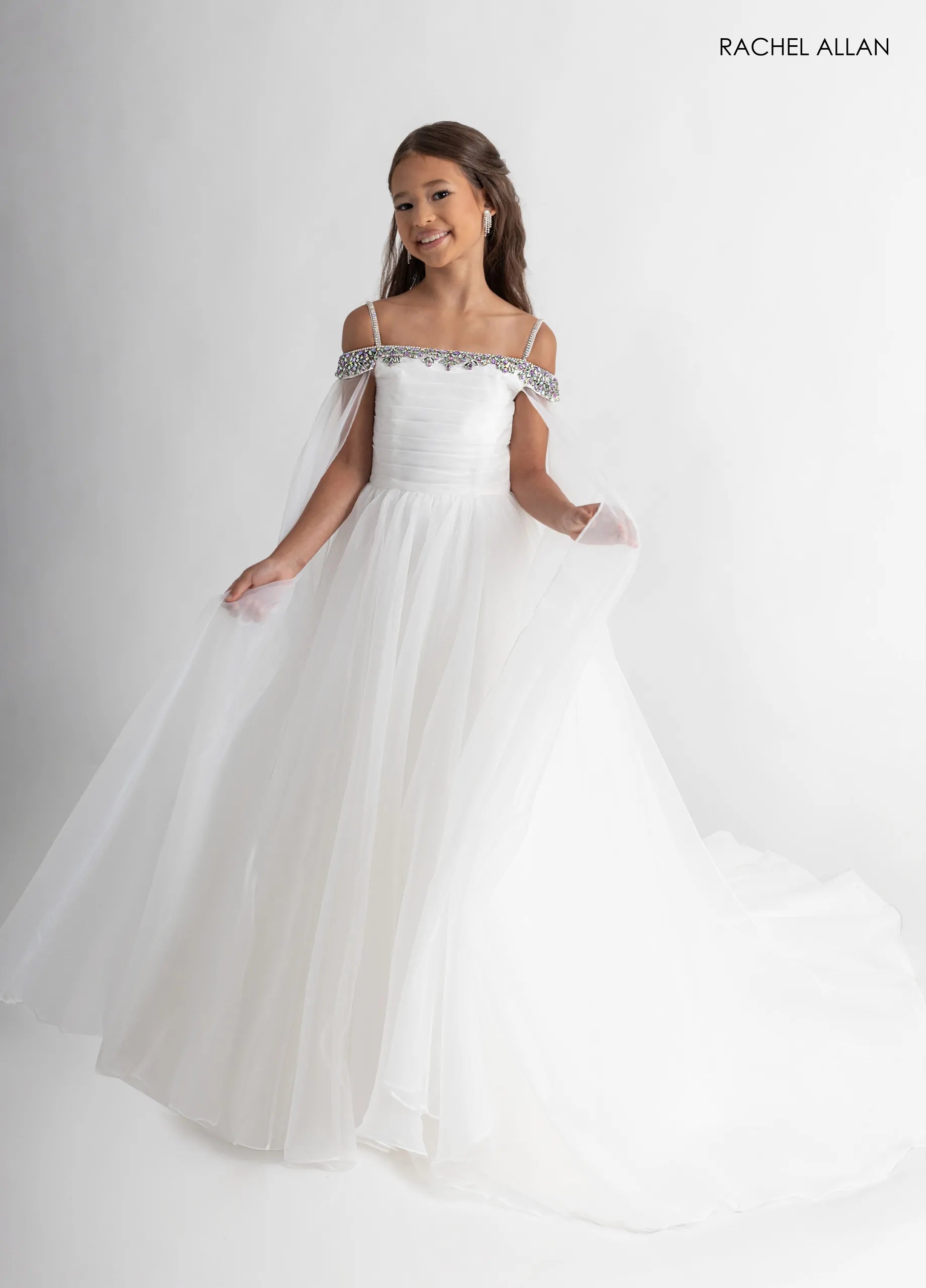 White Multi Off-the-Shoulder Floor-Length Organza Flower Girl Pageant Dress with Beaded Capelet Rachel Allan 10331