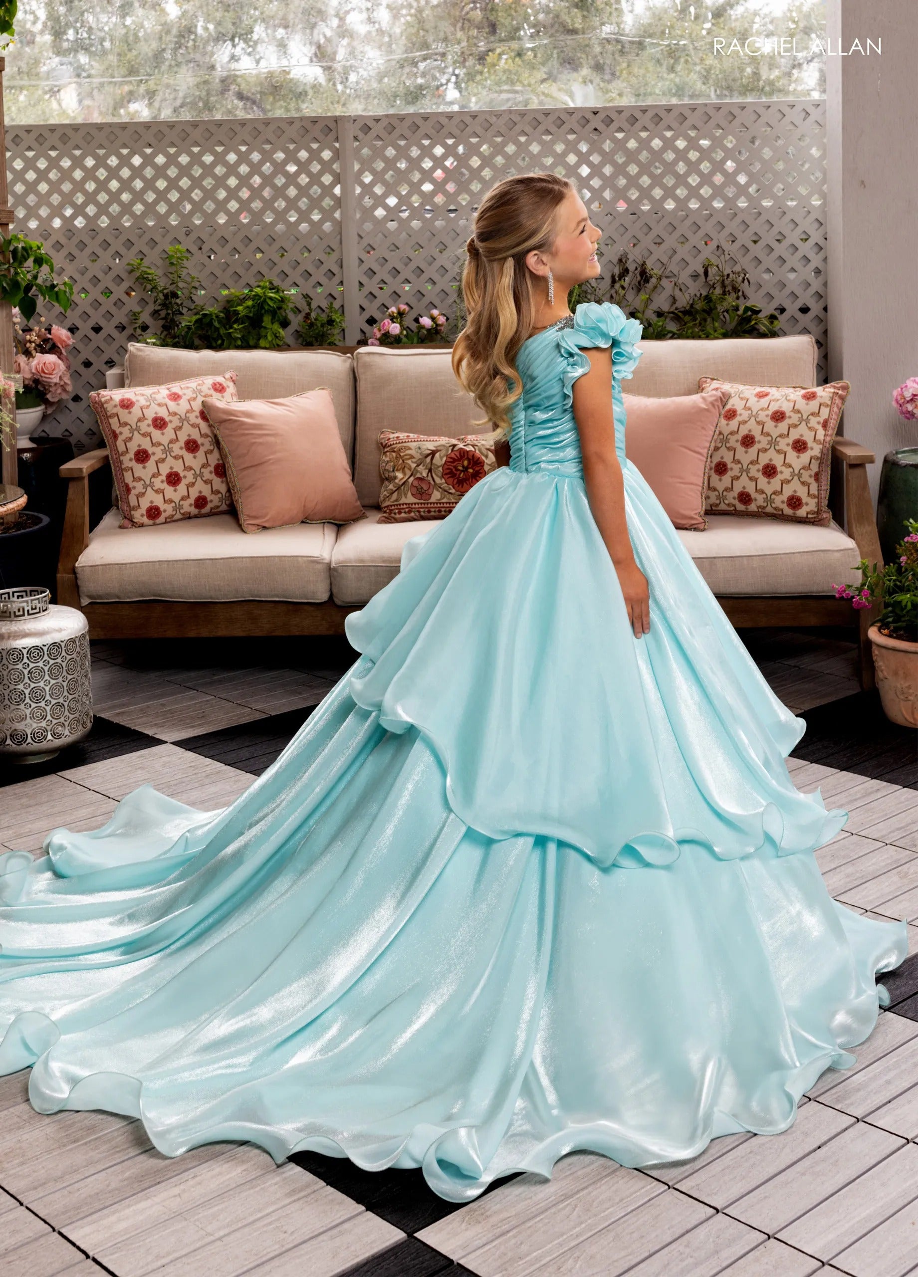Mint One-Shoulder Floor-Length Crystal Organza Pageant Ball Gown with Floral Appliqué Rachel Allan 10281