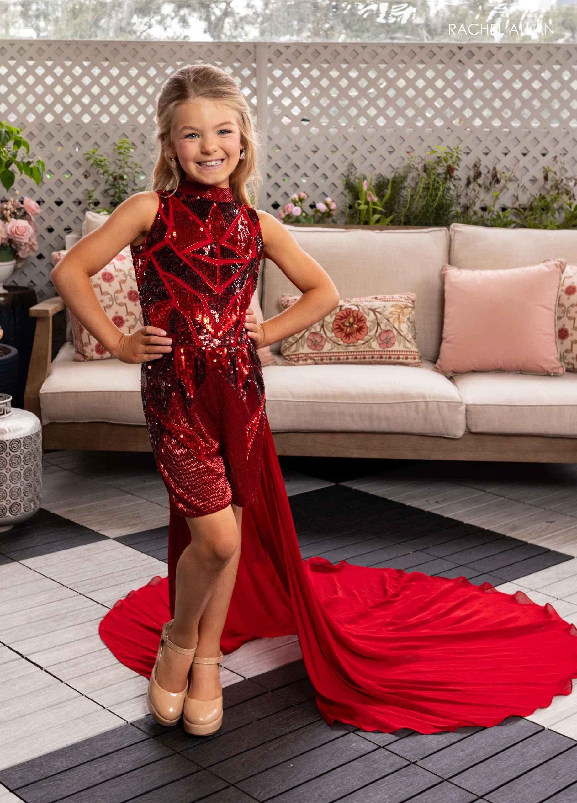 Red High-Neck Short Sequin Flower Girl Romper with Chiffon Cape Rachel Allan 10282