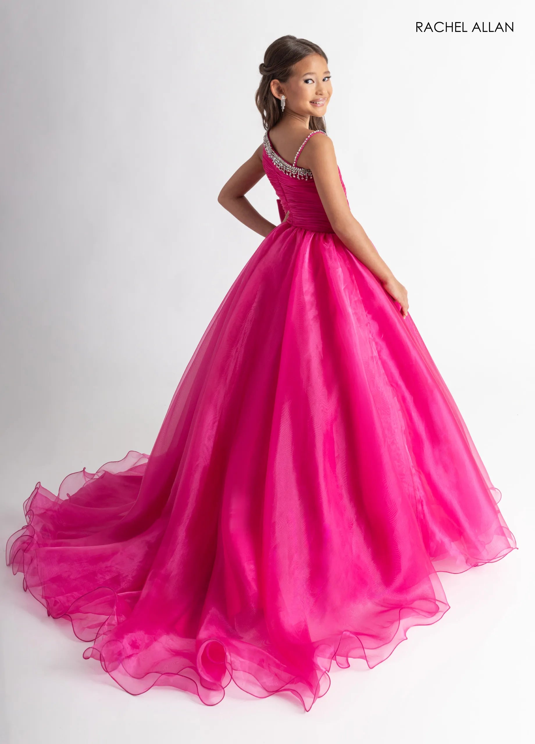 Fuchsia One-Shoulder Floor-Length Organza Flower Girl Pageant Gown with Crystal Trim Rachel Allan 10327
