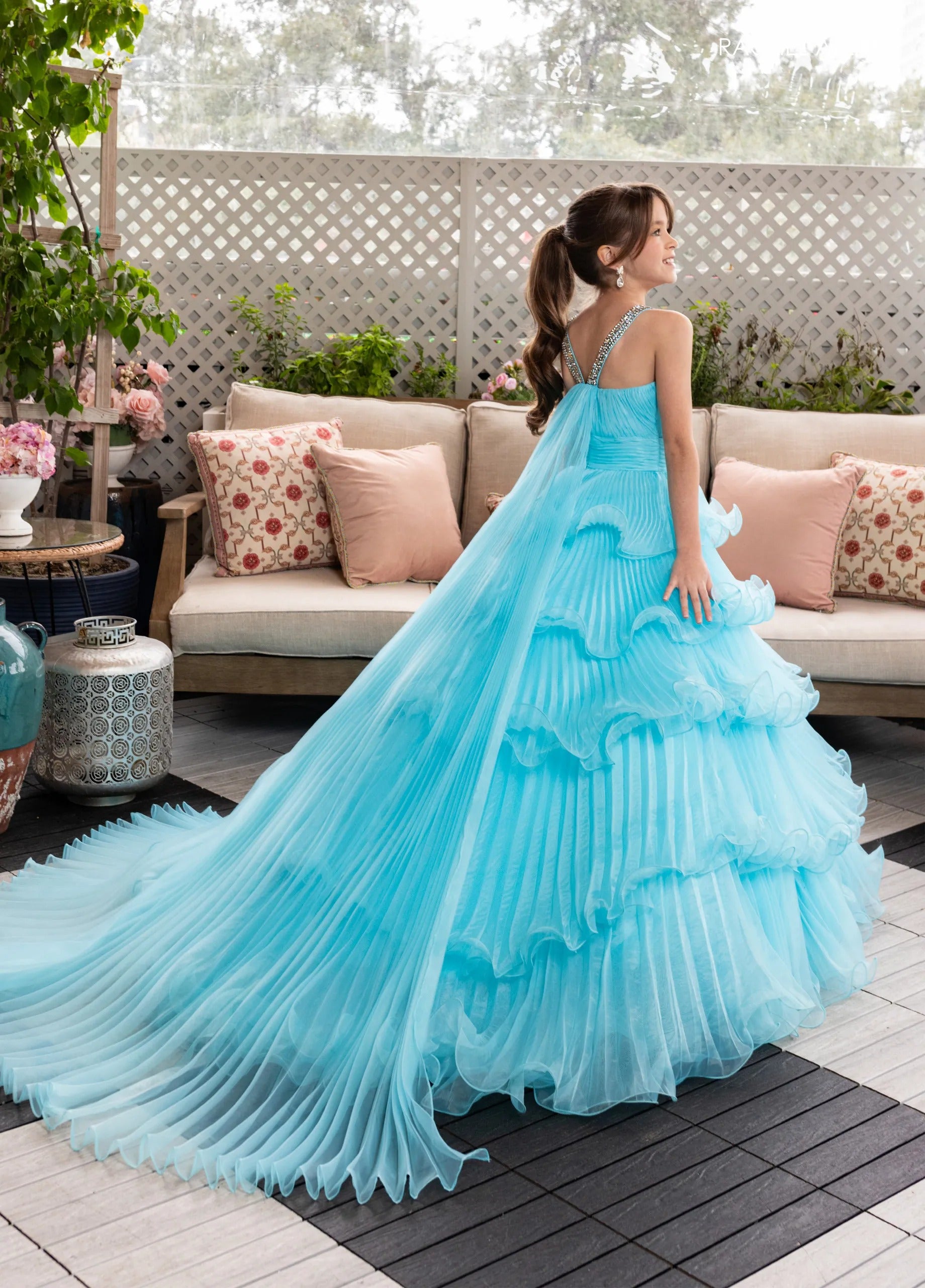 Turquoise Halter Floor-Length Pleated Organza Pageant Ball Gown with Crystal Bow Rachel Allan 10280