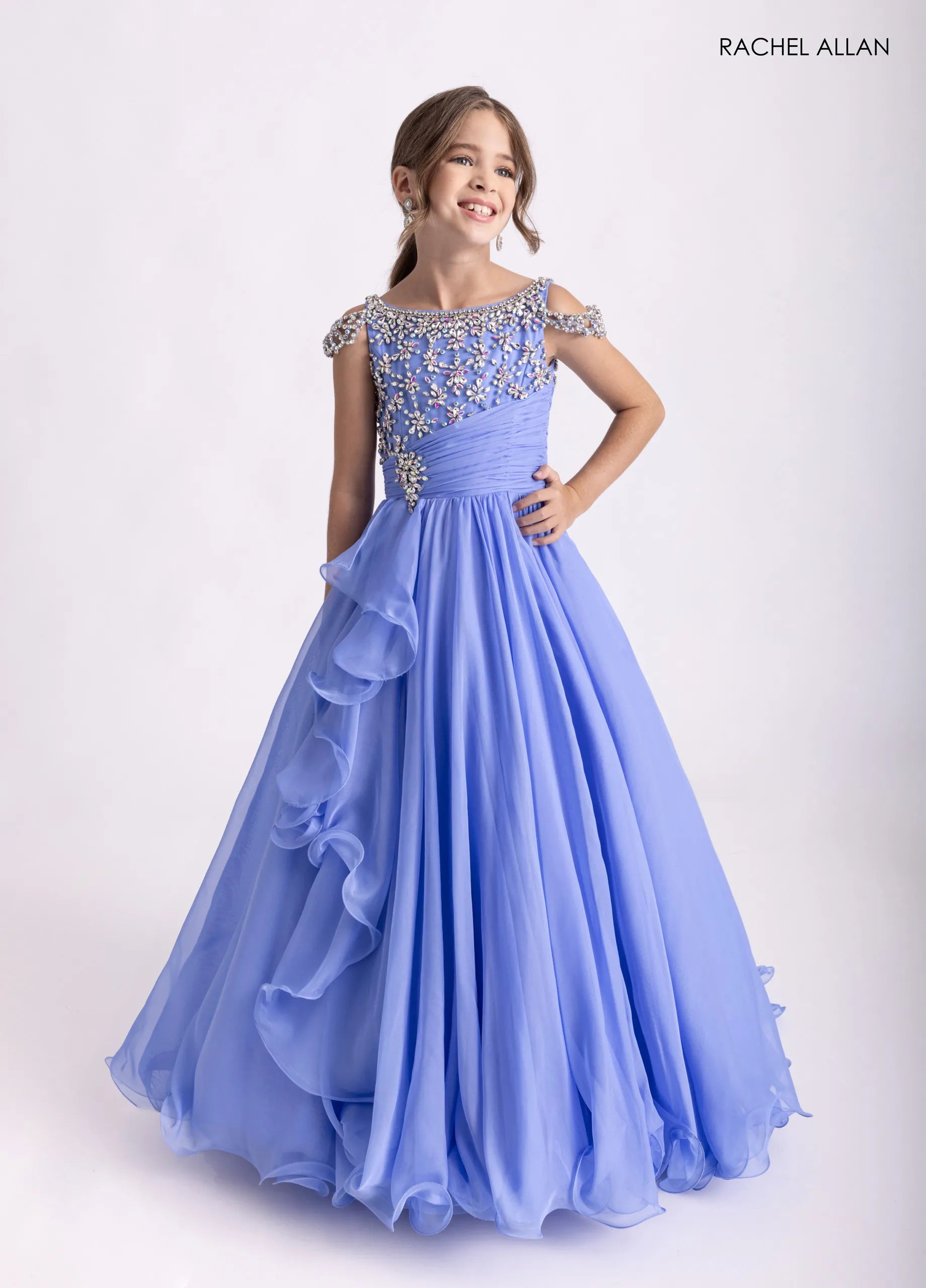 Illusion Neckline Long Chiffon Flower Girl Dress by Rachel Allan 10302 in Periwinkle