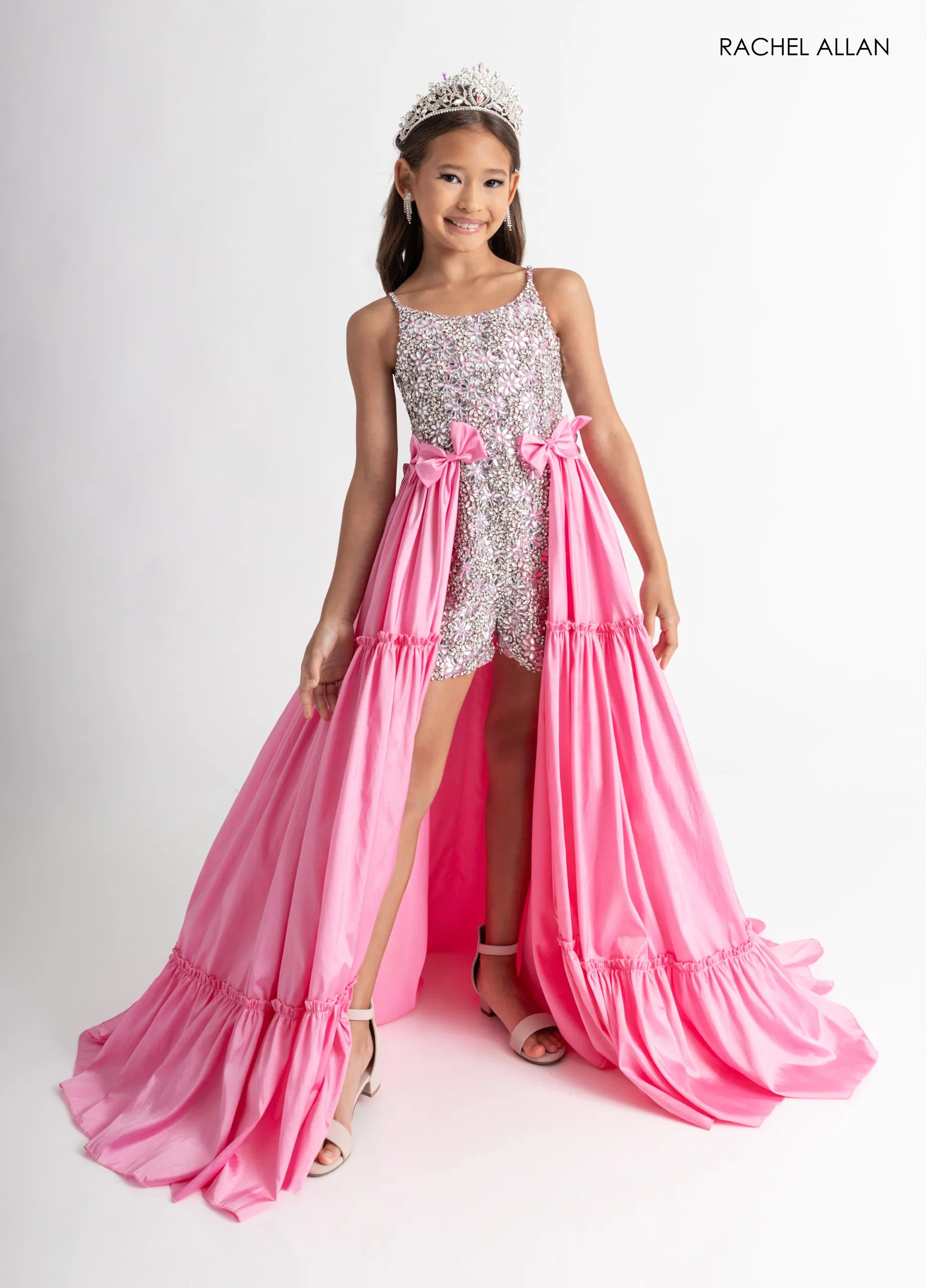 Candy Pink Scoop Neck Floor-Length Sequin Pageant Romper with Ruffled Overskirt Rachel Allan 10301