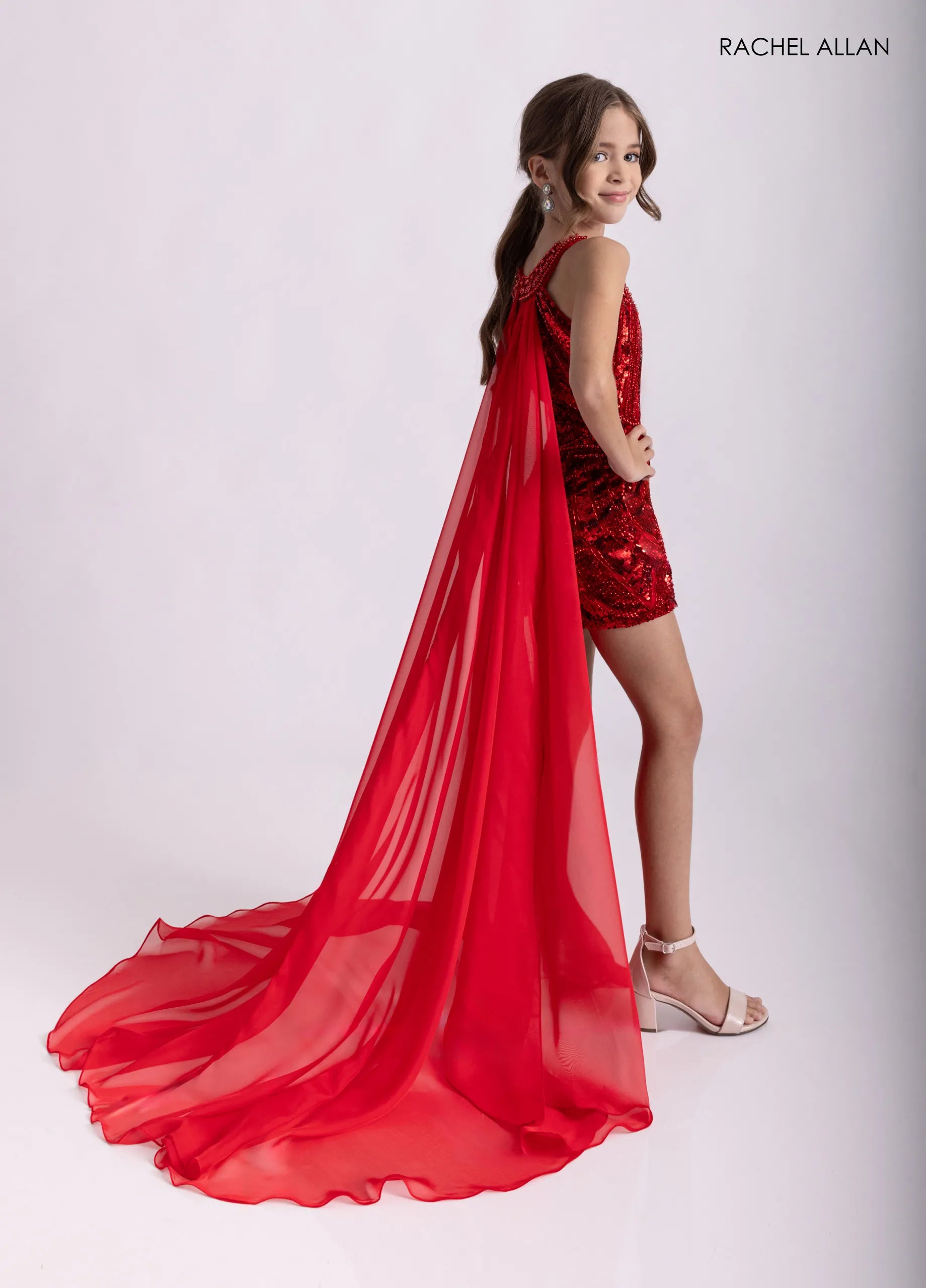 Halter Short Sequin Romper with Train by Rachel Allan 10307 in Red