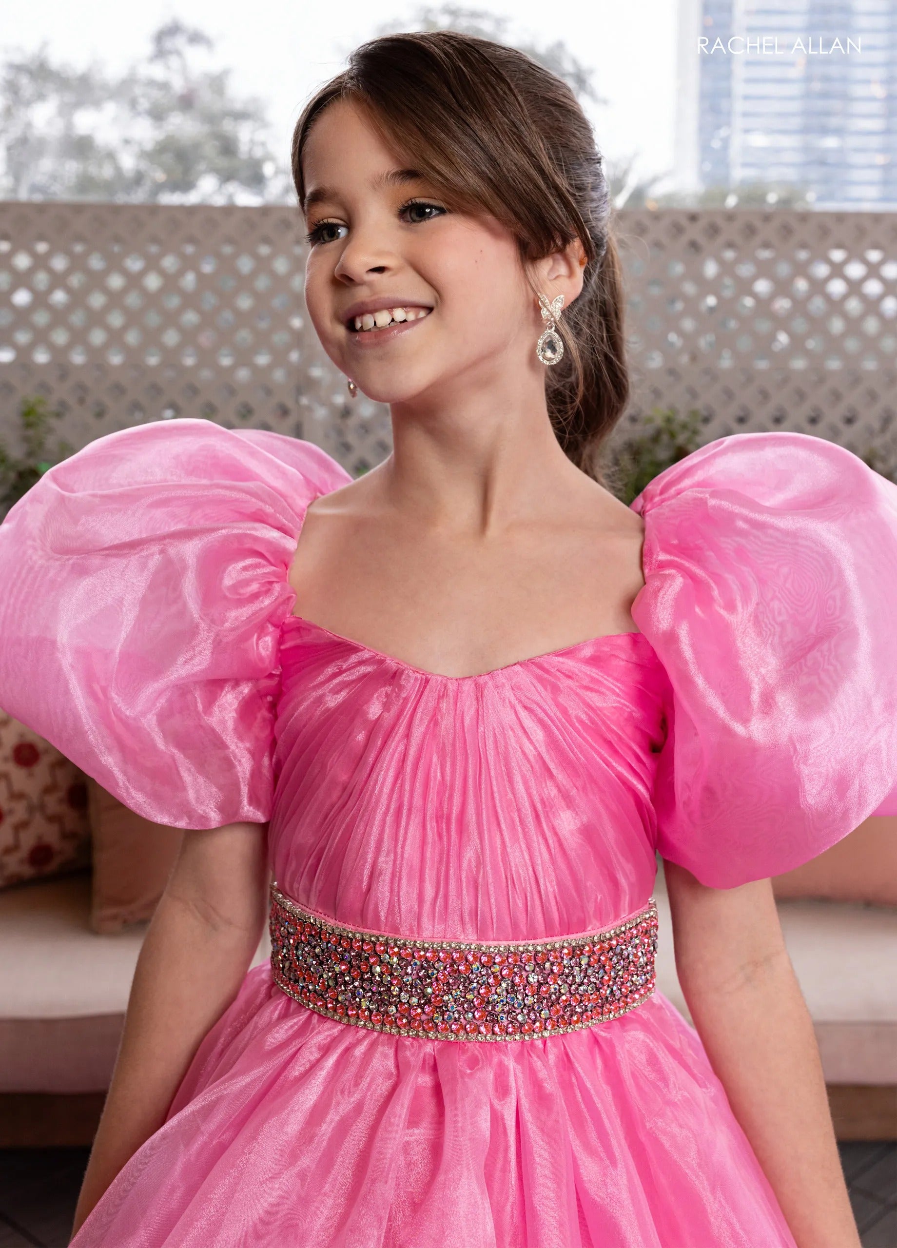 Pink Sweetheart Floor-Length Organza Flower Girl Ball Gown with Voluminous Puff Sleeves Rachel Allan 10275