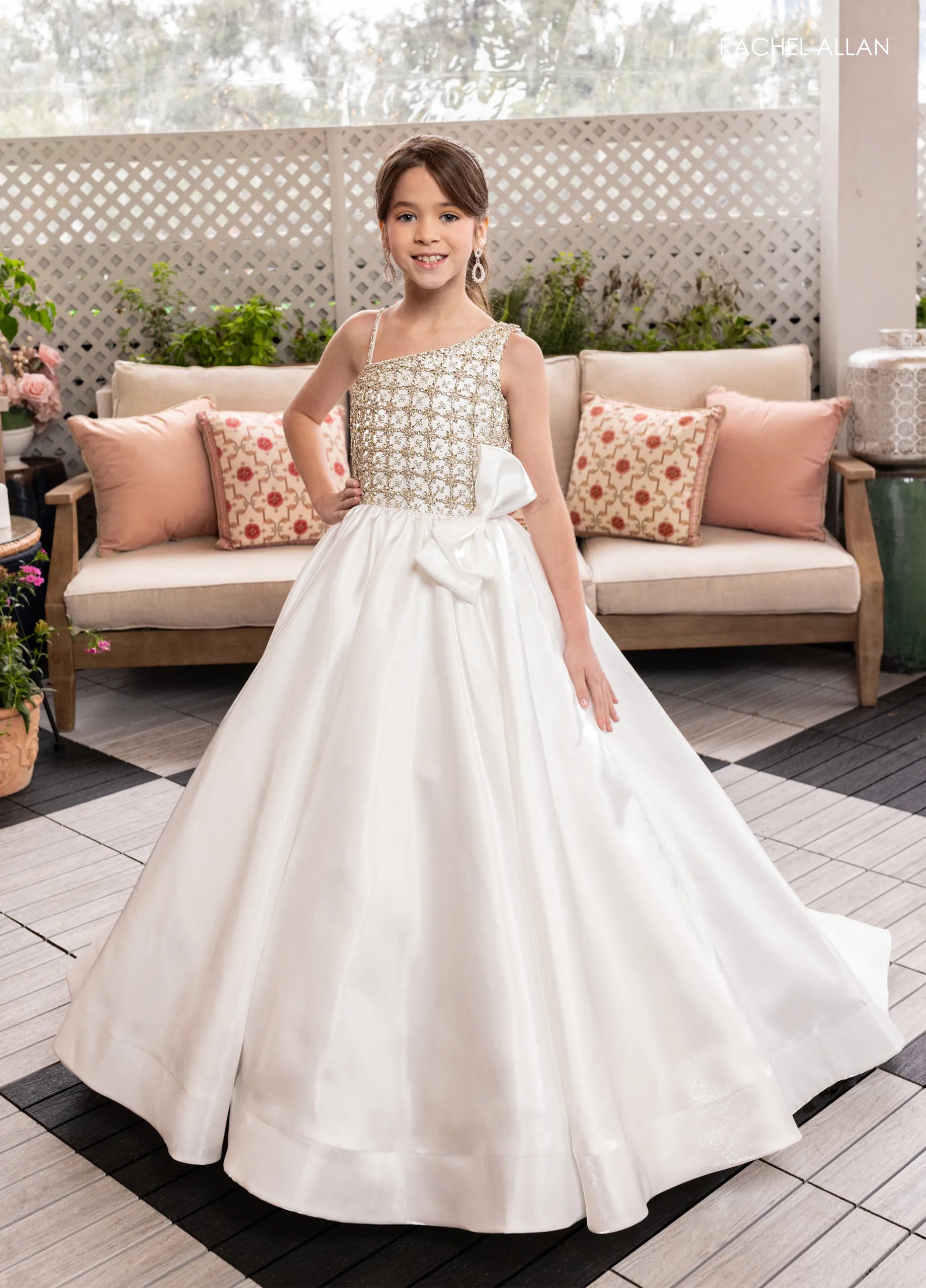 White One-Shoulder Floor-Length Shimmer Satin Flower Girl Dress with Beaded Bodice and Side Bow Rachel Allan 10298