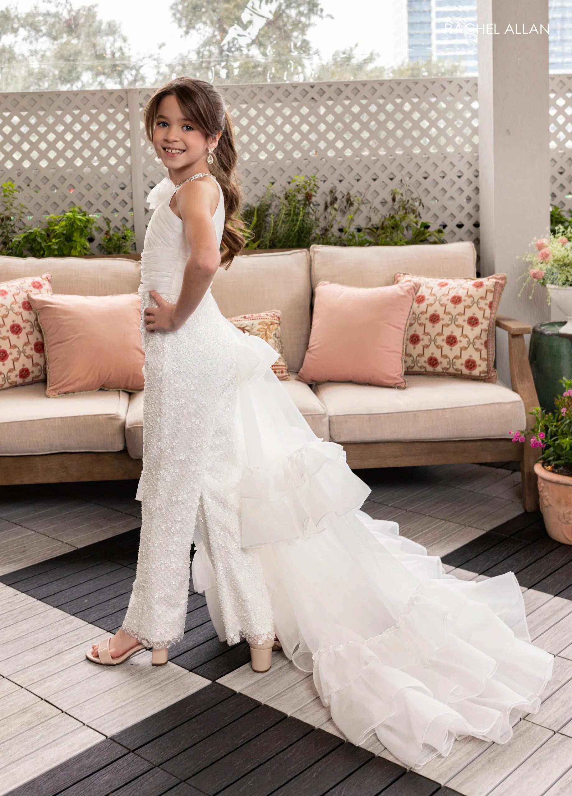 White Halter Floor-Length Organza Pageant Jumpsuit with Detachable Ruffle Train Rachel Allan 10278