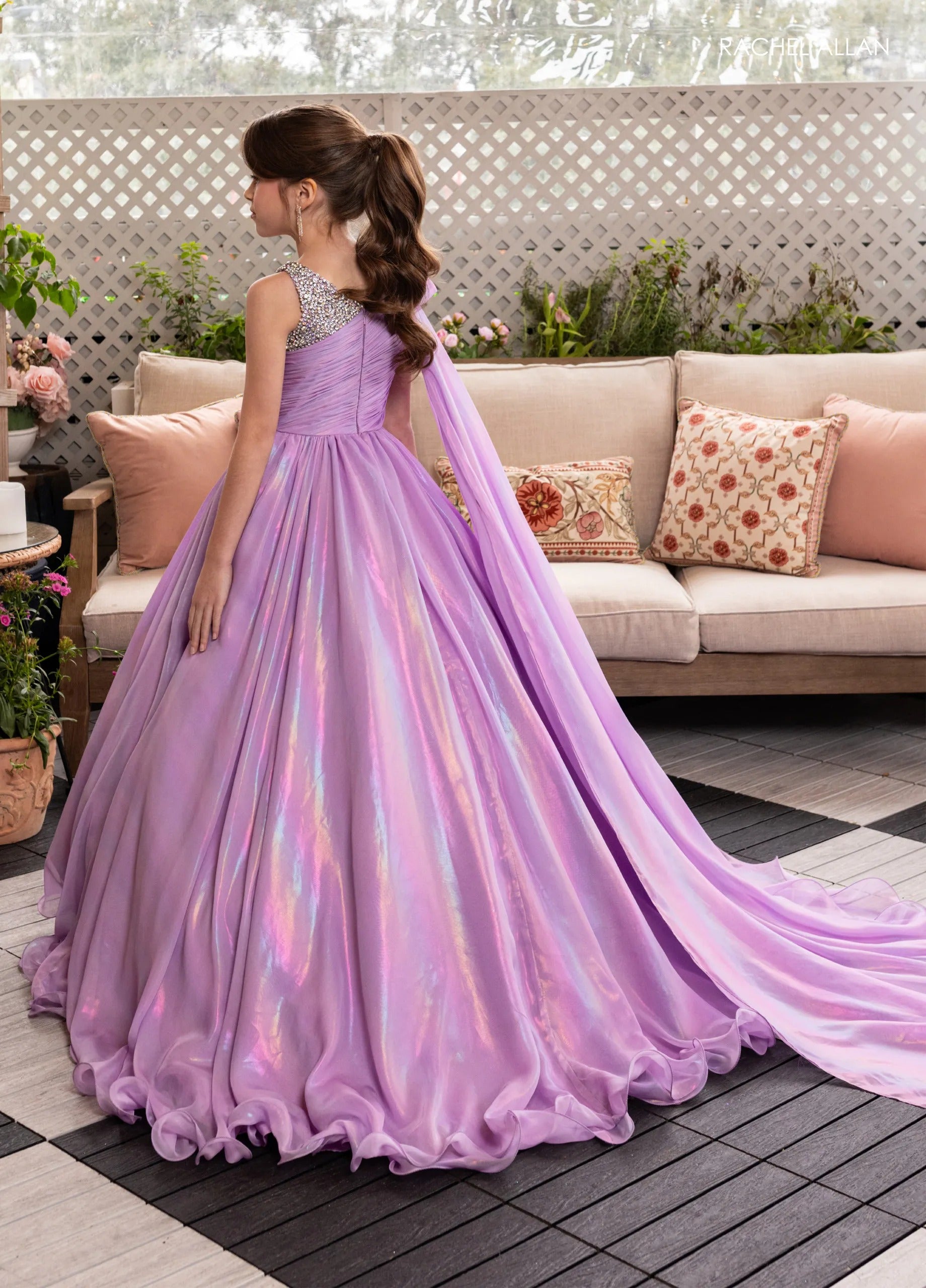Lilac One-Shoulder Floor-Length Organza Flower Girl Ball Gown with Chiffon Cape Rachel Allan 10296