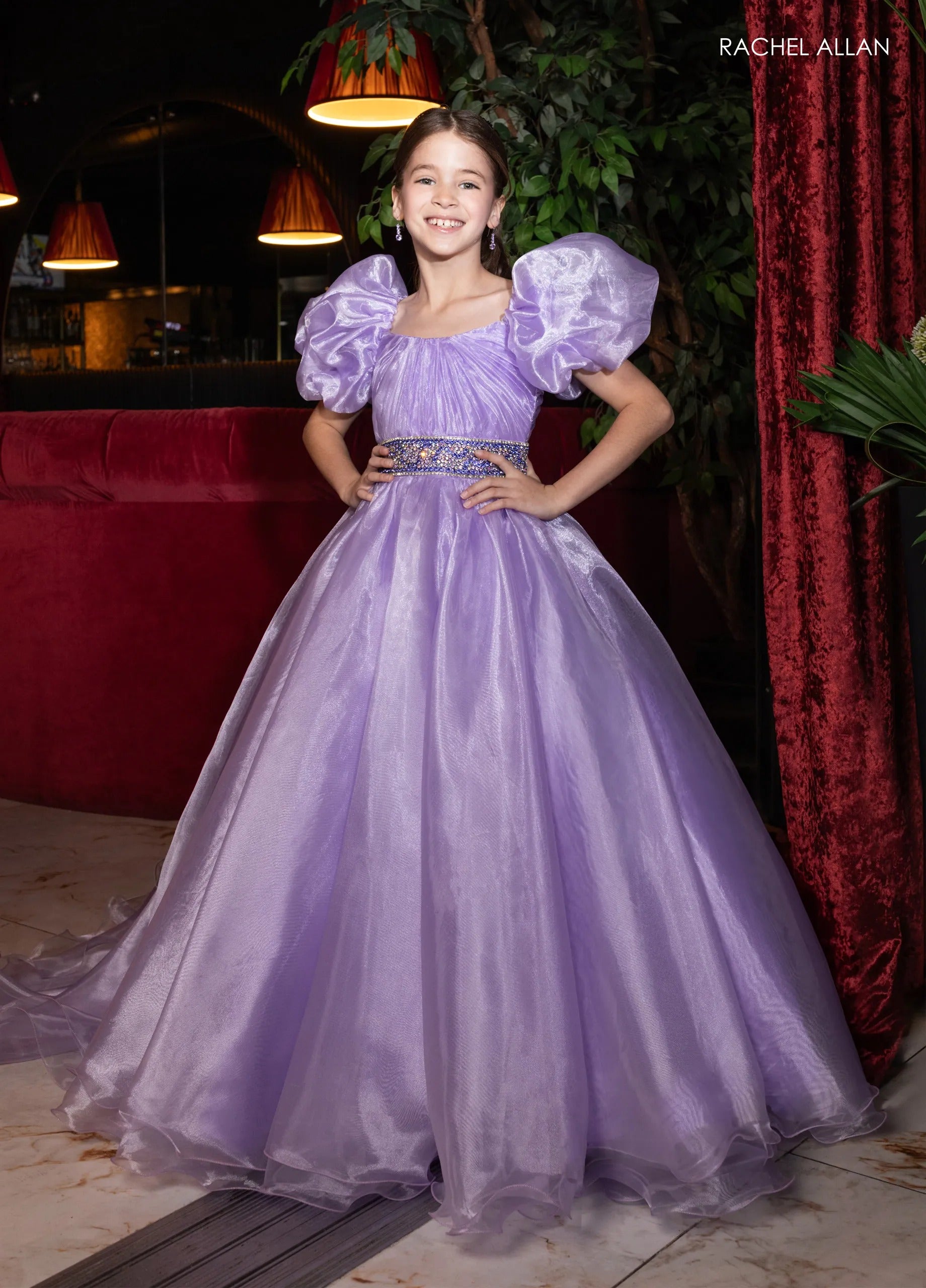 Lilac Sweetheart Floor-Length Organza Flower Girl Ball Gown with Voluminous Puff Sleeves Rachel Allan 10275