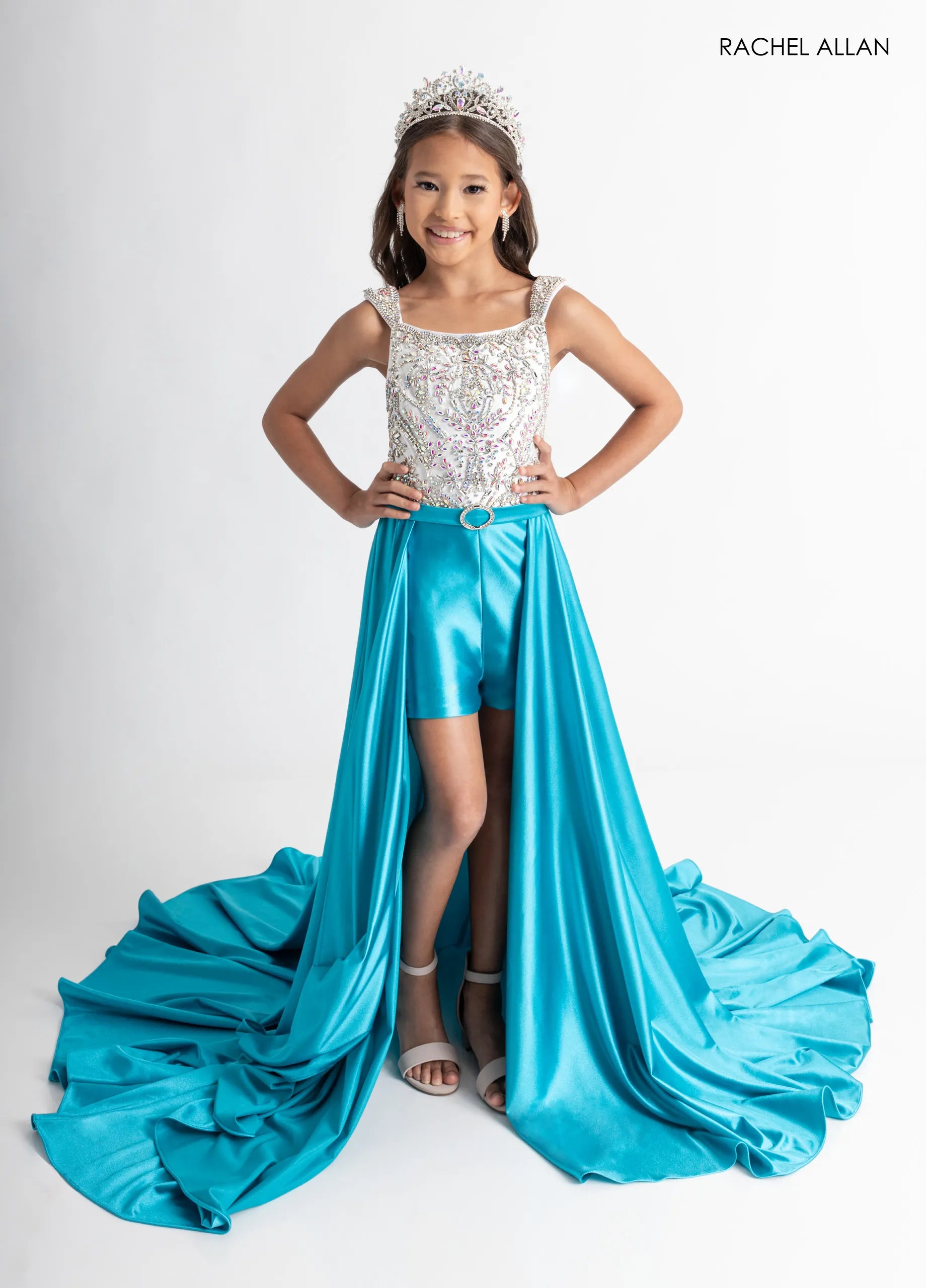 Square Neck High-Low Satin Pageant Dress by Rachel Allan 10315 in Turquoise