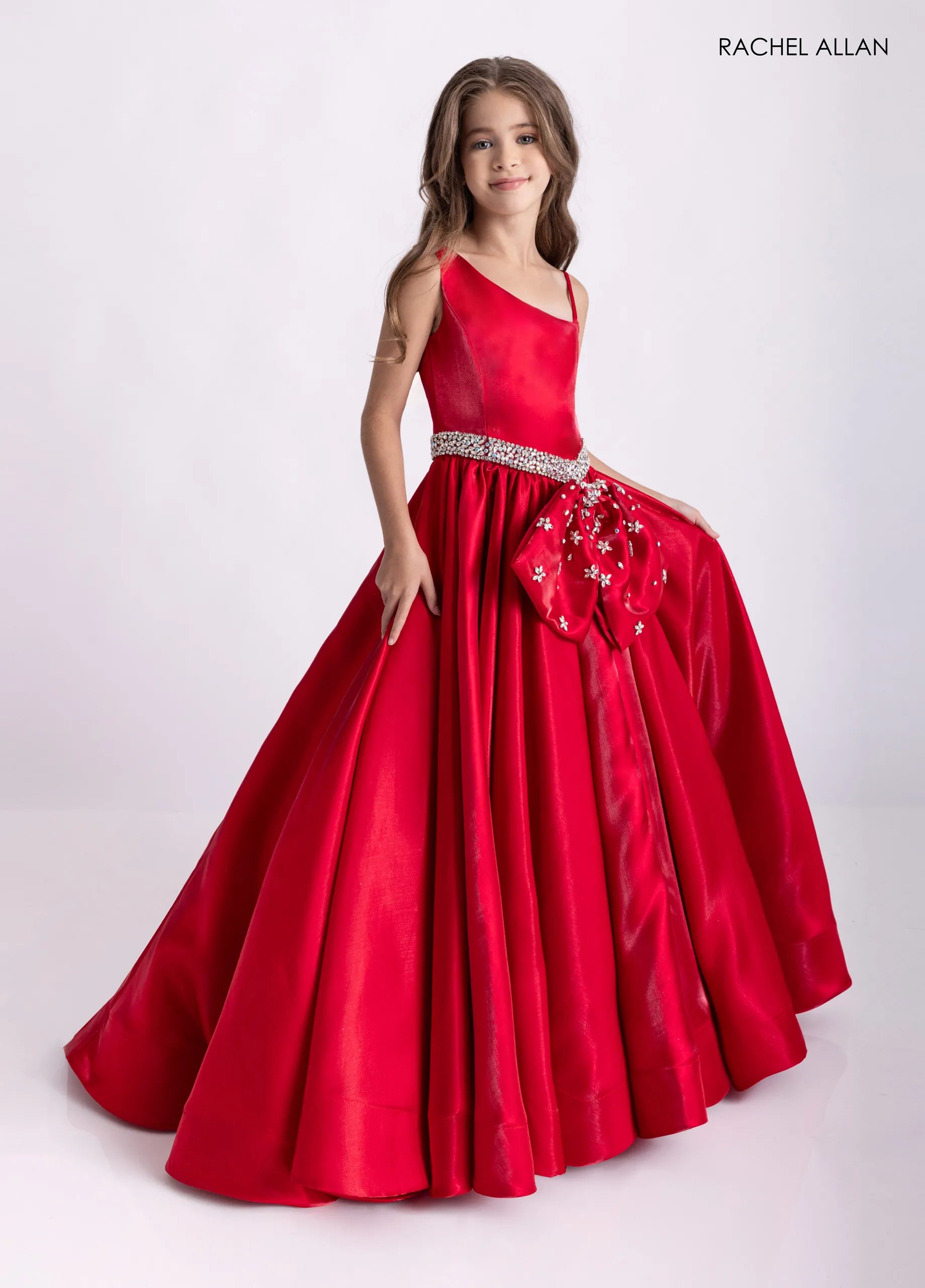 Red One-Shoulder Floor-Length Satin Formal Flower Girl Gown with Crystal Beading Rachel Allan 10316