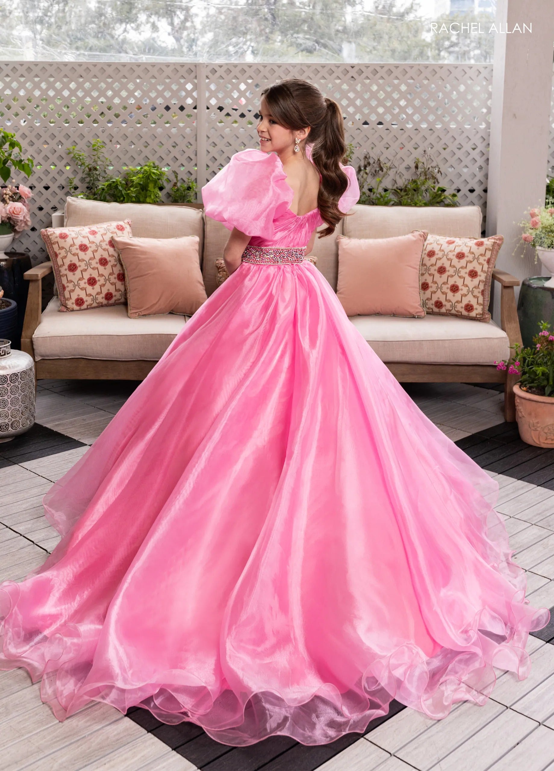 Pink Sweetheart Floor-Length Organza Flower Girl Ball Gown with Voluminous Puff Sleeves Rachel Allan 10275