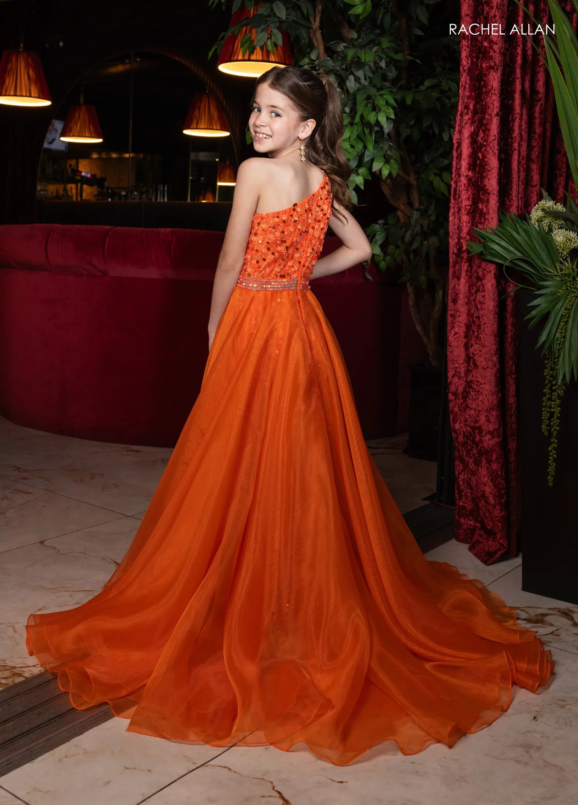 Tangerine One-Shoulder Floor-Length Beaded Pageant Jumpsuit with Organza Overskirt Rachel Allan 10290