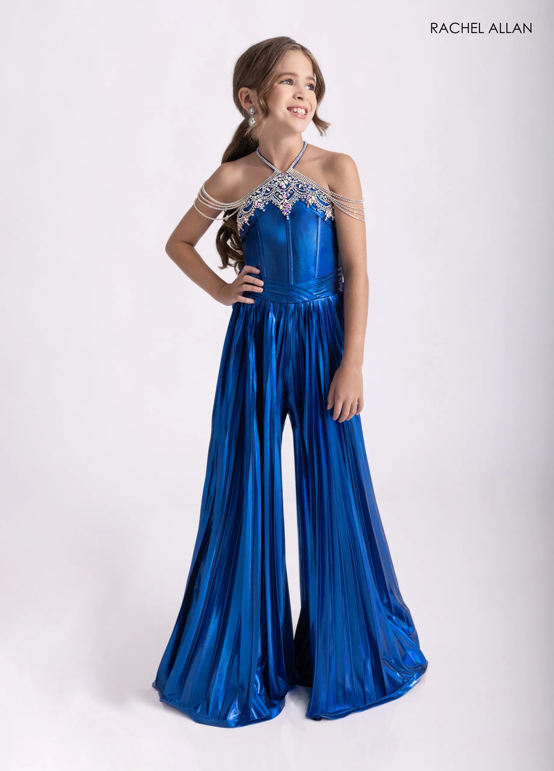 Beaded Off-Shoulder Long Jumpsuit Pageant Dress by Rachel Allan 10305 in Royal