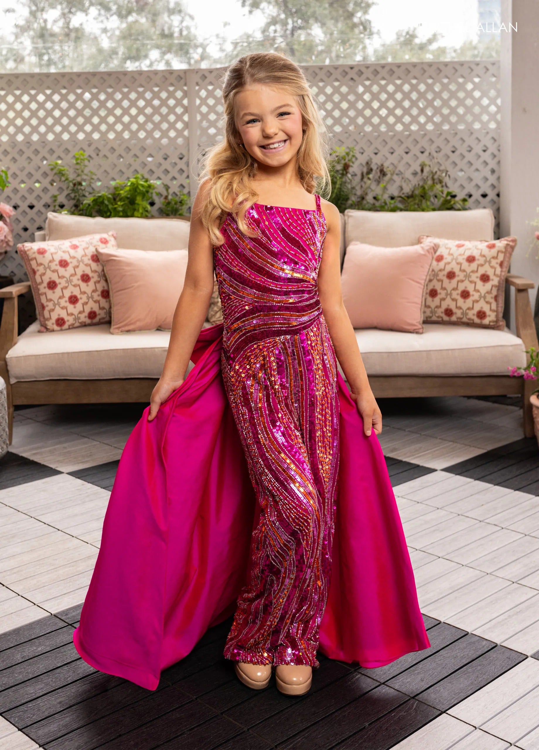 Fuchsia Multi One-Shoulder Floor-Length Sequin Pageant Jumpsuit with Detachable Taffeta Train Rachel Allan 10286