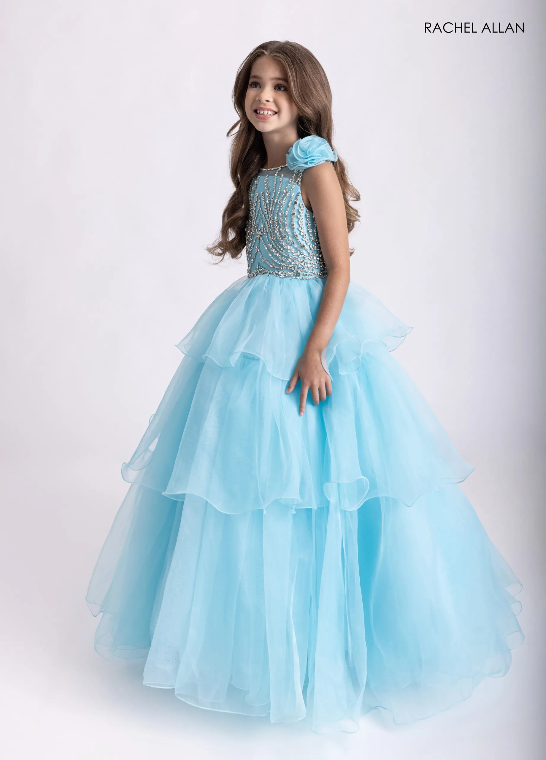 Turquoise Jewel Neck Floor-Length Mesh Flower Girl Ball Gown with Tiered Ruffles Rachel Allan 10321