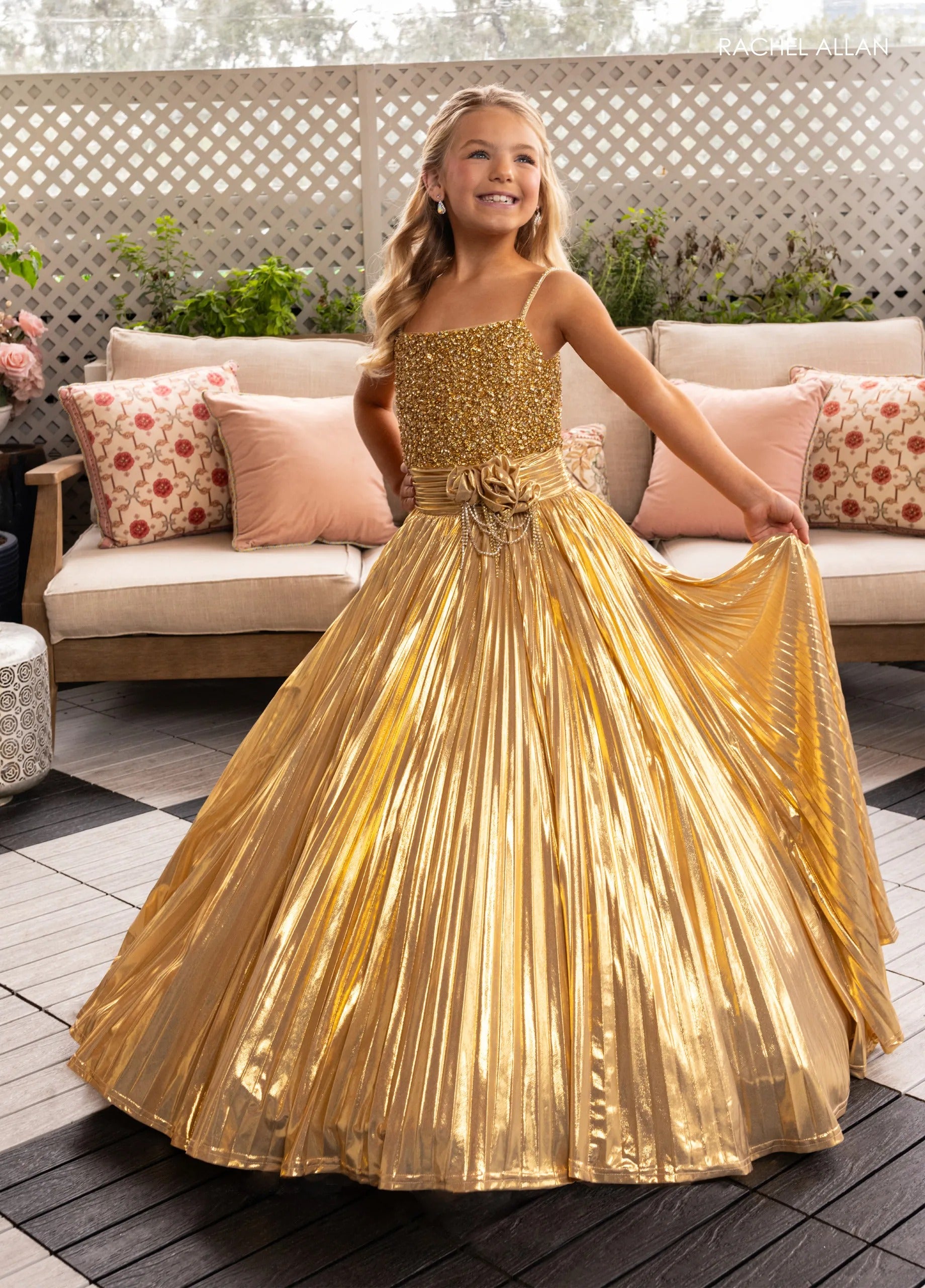 Gold Square Neck Floor-Length Pleated Lame Pageant Gown with 3D Floral Accent Rachel Allan 10277