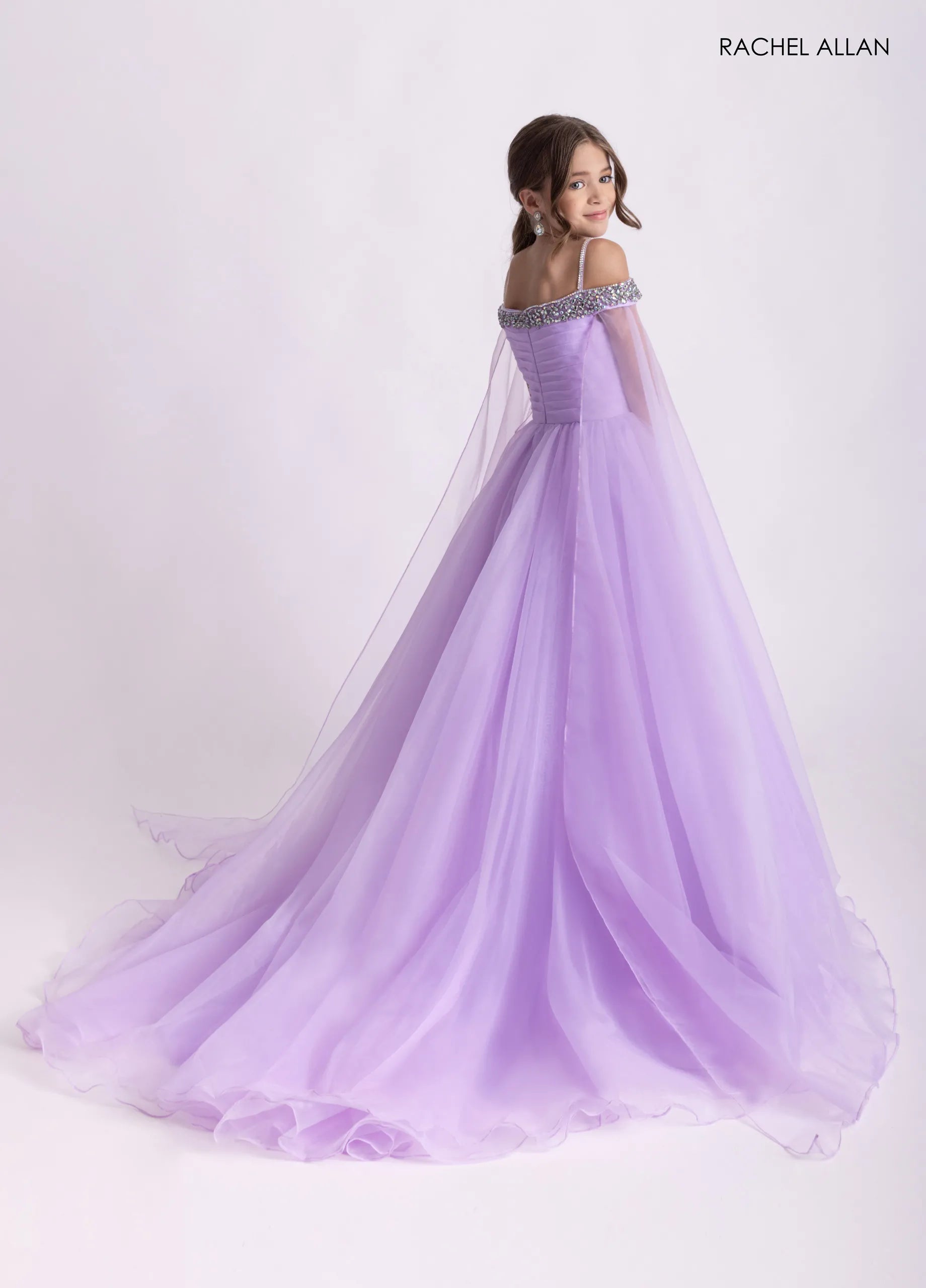 Lilac Multi Off-the-Shoulder Floor-Length Organza Flower Girl Pageant Dress with Beaded Capelet Rachel Allan 10331