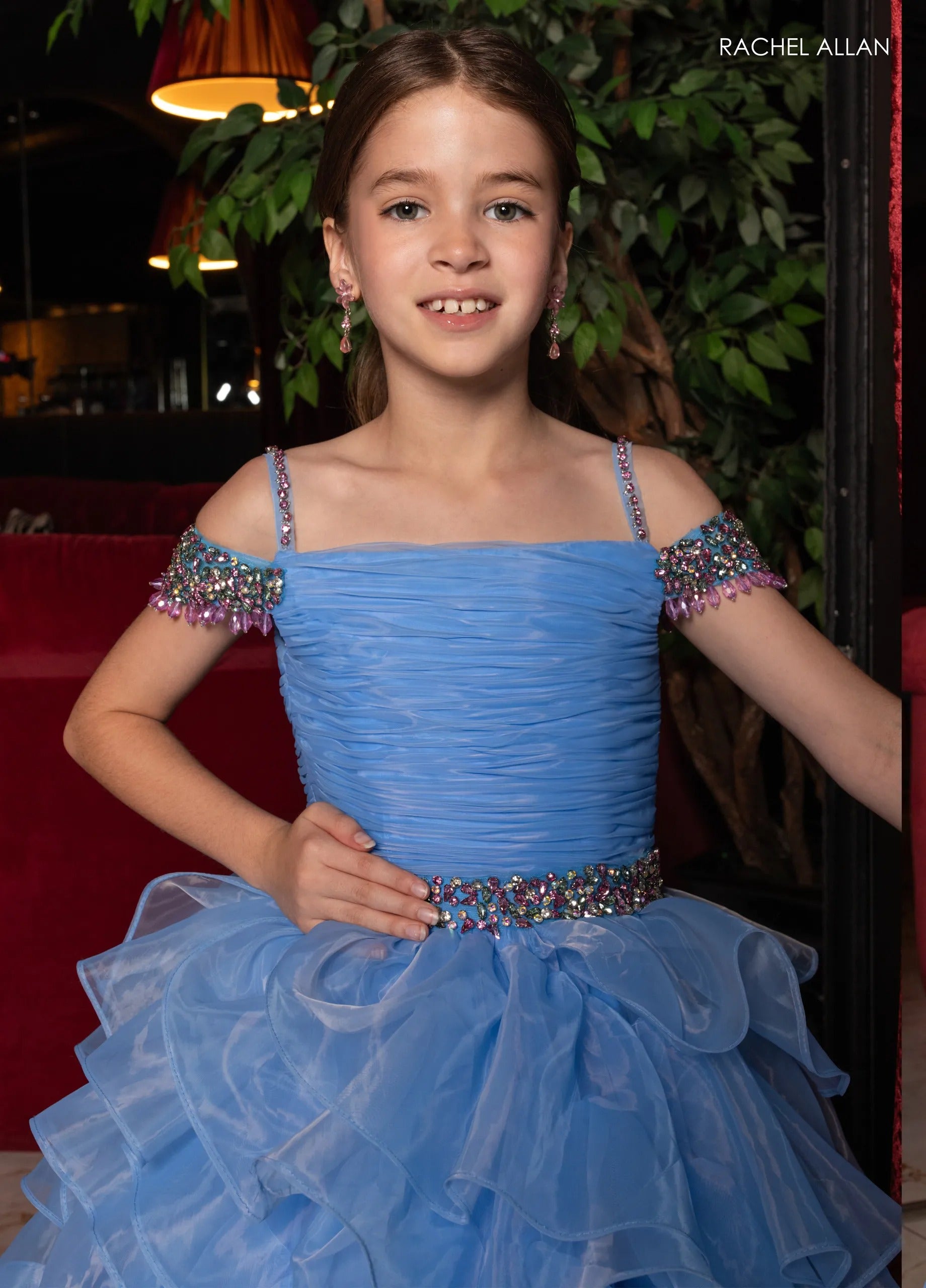 Periwinkle Multi Off-the-Shoulder Floor-Length Shimmering Organza Pageant Ball Gown with Crystal Straps Rachel Allan 10293