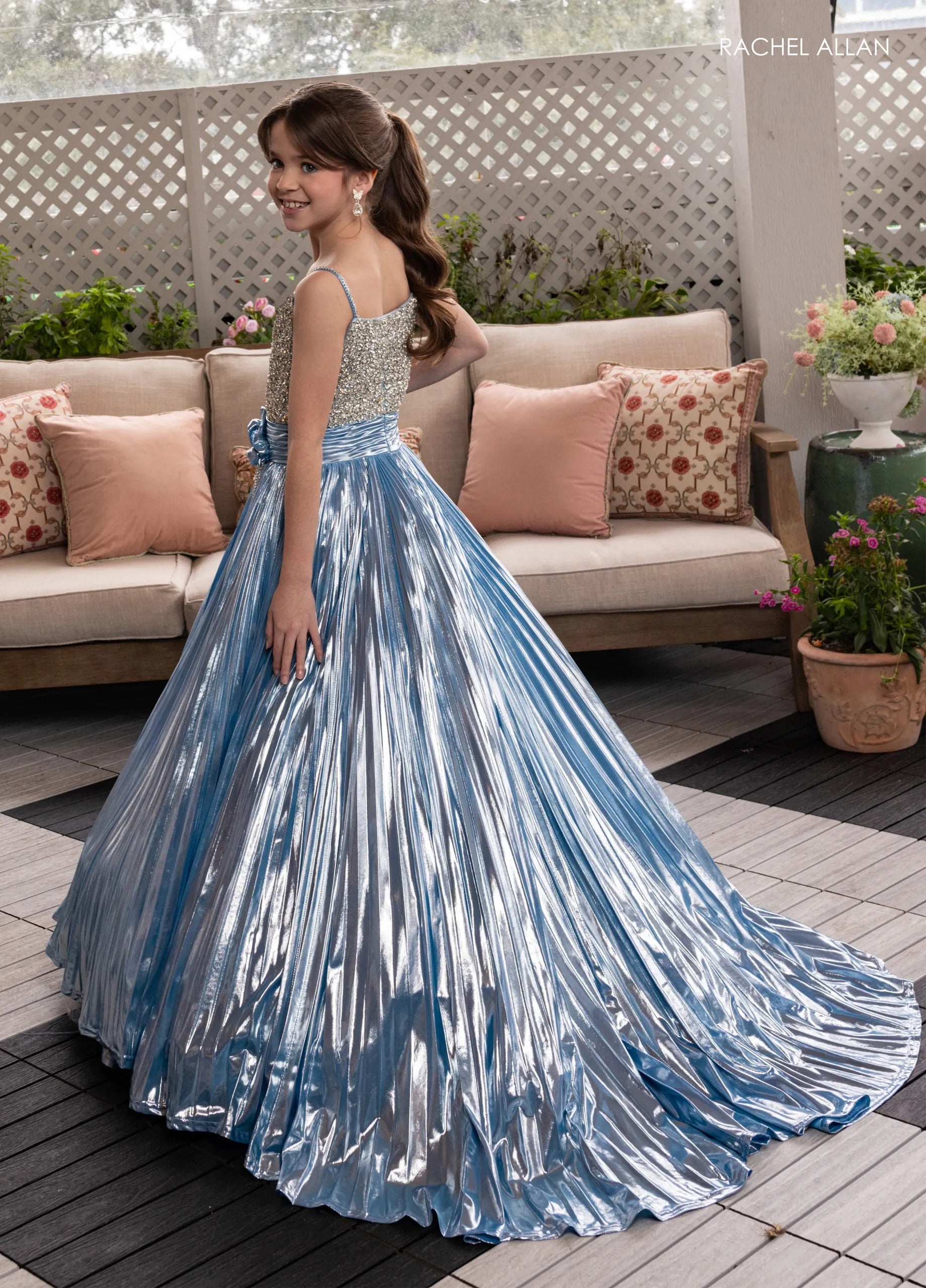 Ice Blue Square Neck Floor-Length Pleated Lame Pageant Gown with 3D Floral Accent Rachel Allan 10277