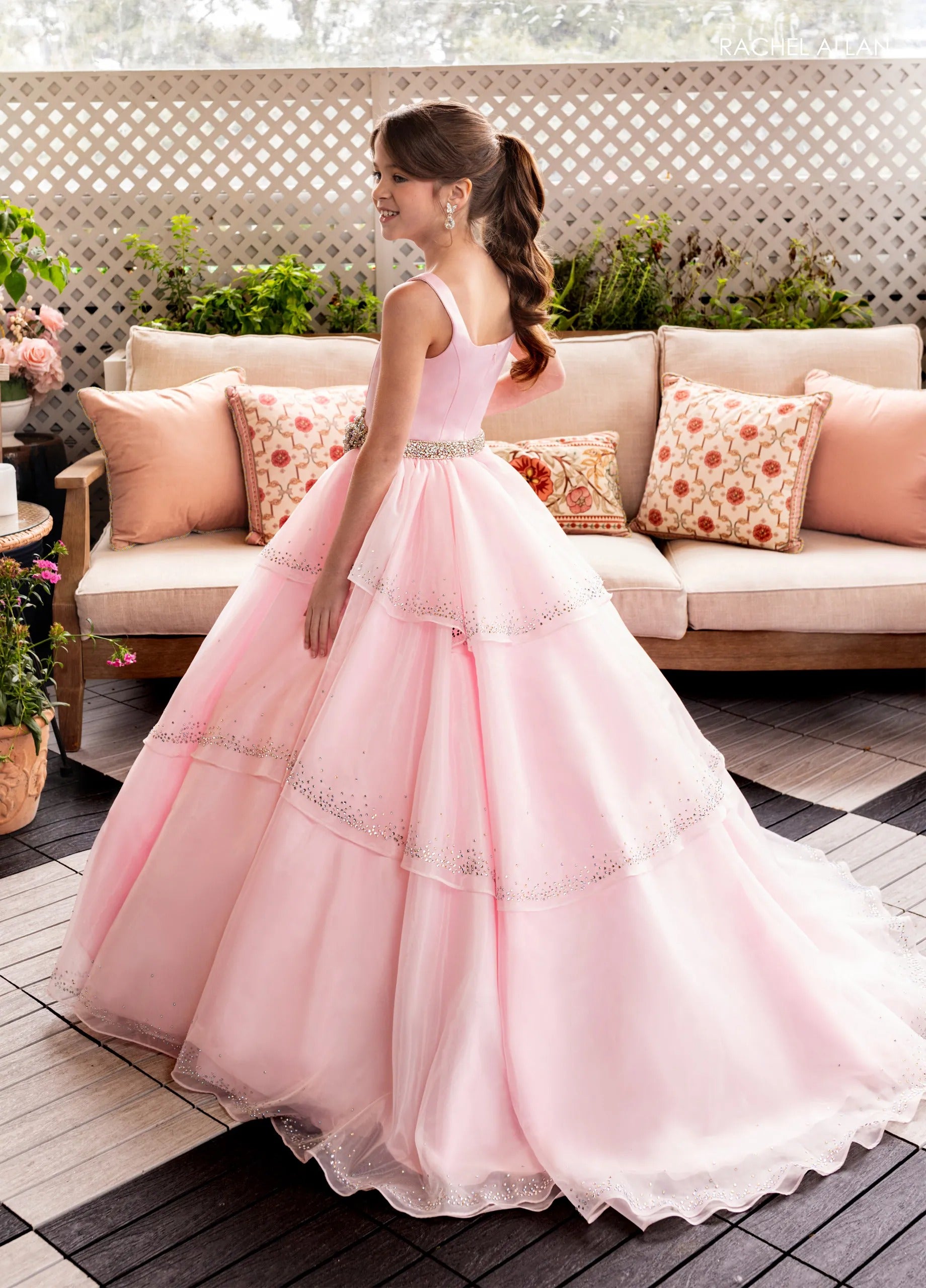 Pink Scoop-Neck Floor-Length Satin and Organza Flower Girl Ball Gown with Beaded Tiers Rachel Allan 10283
