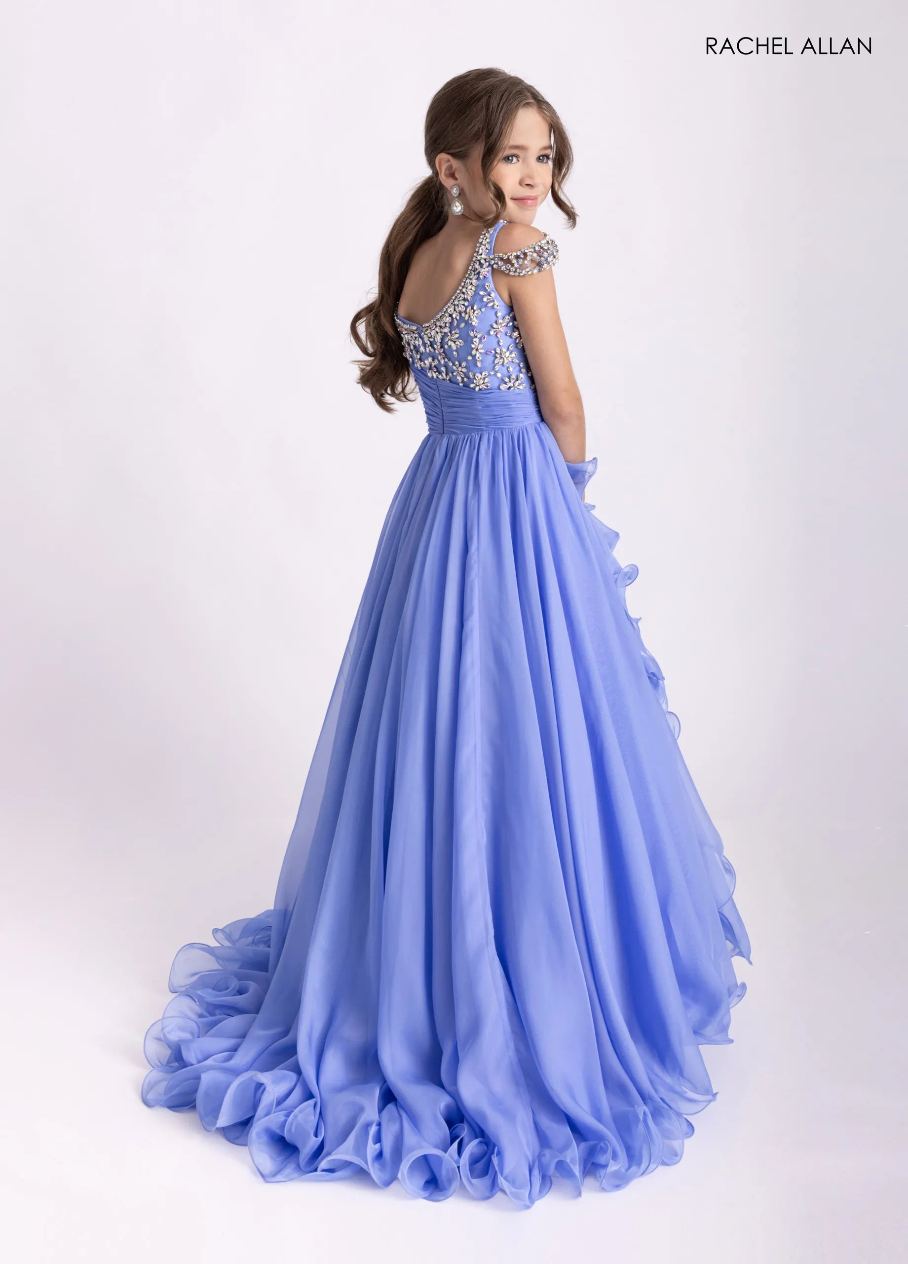Illusion Neckline Long Chiffon Flower Girl Dress by Rachel Allan 10302 in Periwinkle