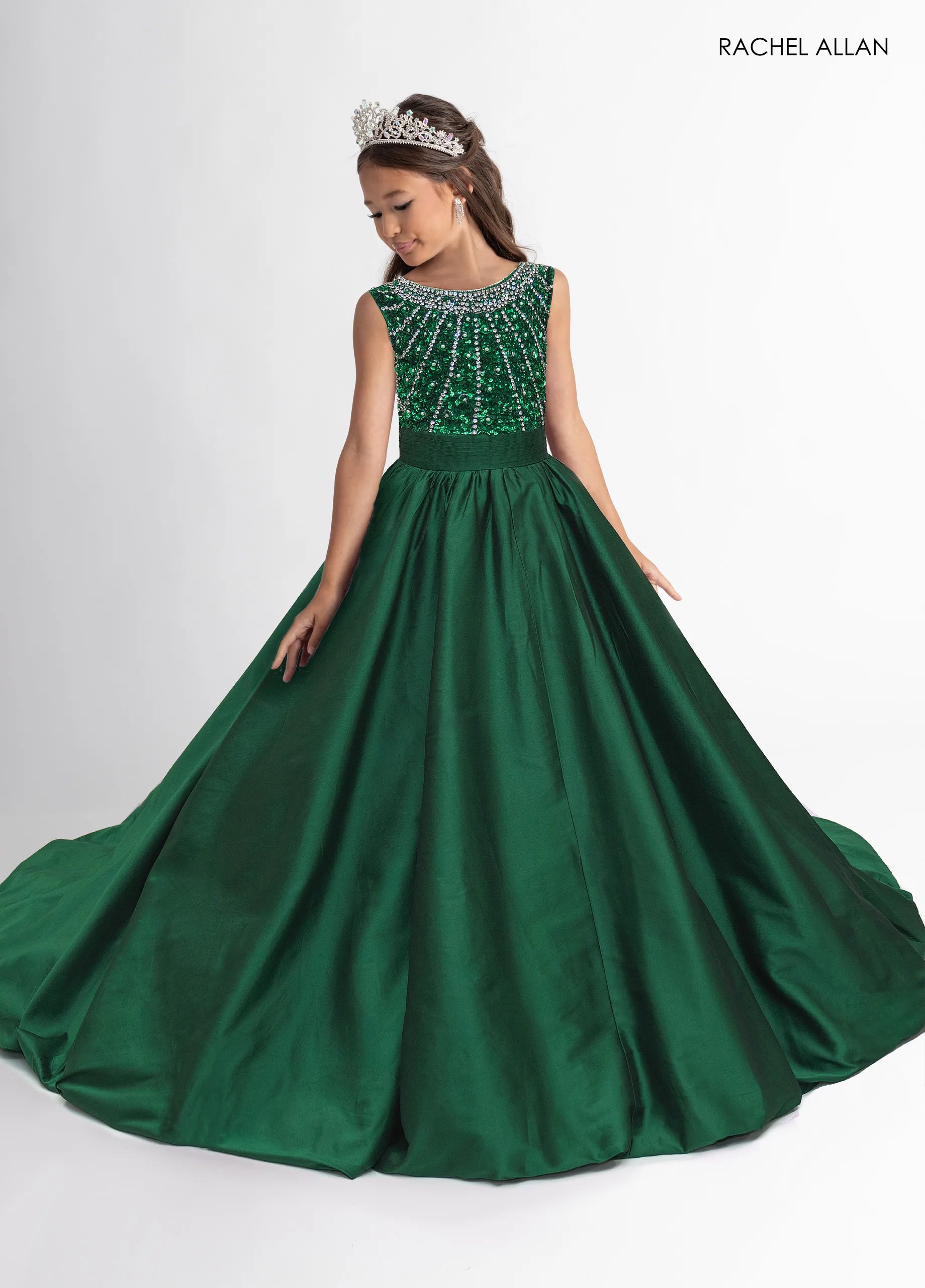 Emerald Jewel-Neck Floor-Length Taffeta Pageant Ball Gown with Beaded Bodice Rachel Allan 10329