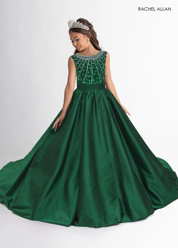 Jewel-Neck Floor-Length Taffeta Pageant Ball Gown with Beaded Bodice Rachel Allan 10329