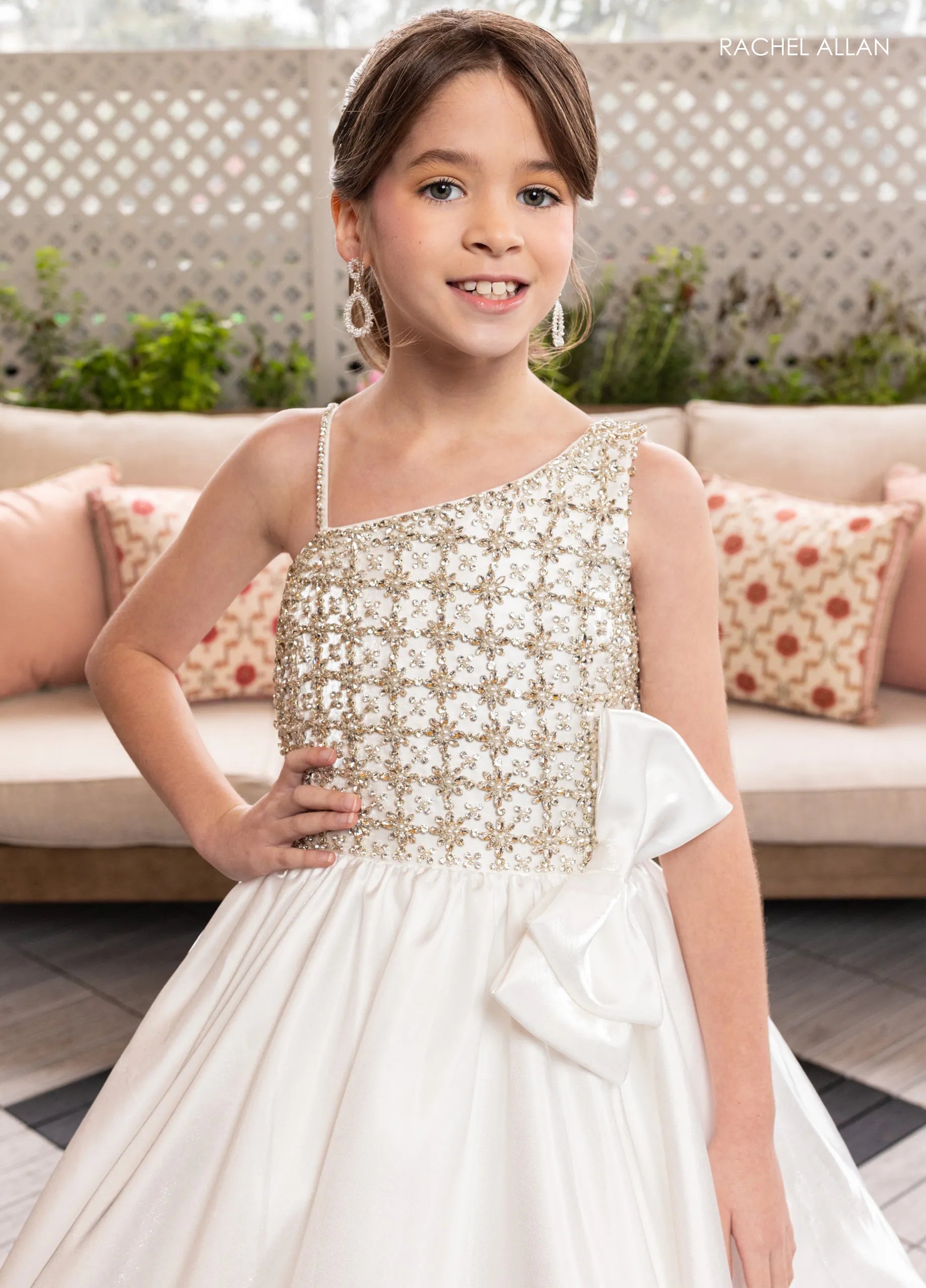 White One-Shoulder Floor-Length Shimmer Satin Flower Girl Dress with Beaded Bodice and Side Bow Rachel Allan 10298