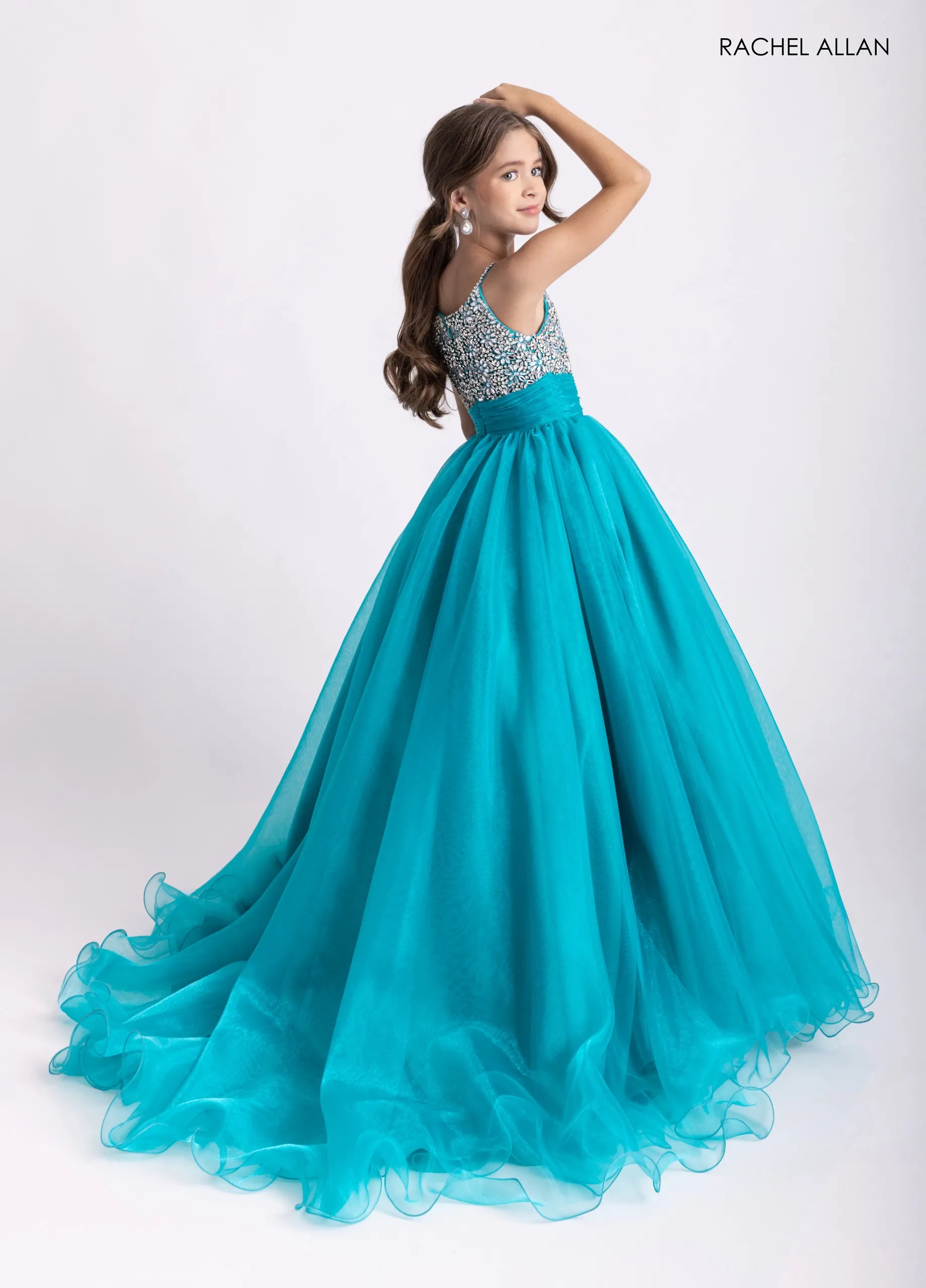 Jade Scoop-Neck Floor-Length Organza Pageant Ball Gown with Crystal-Beaded Bodice Rachel Allan 10317