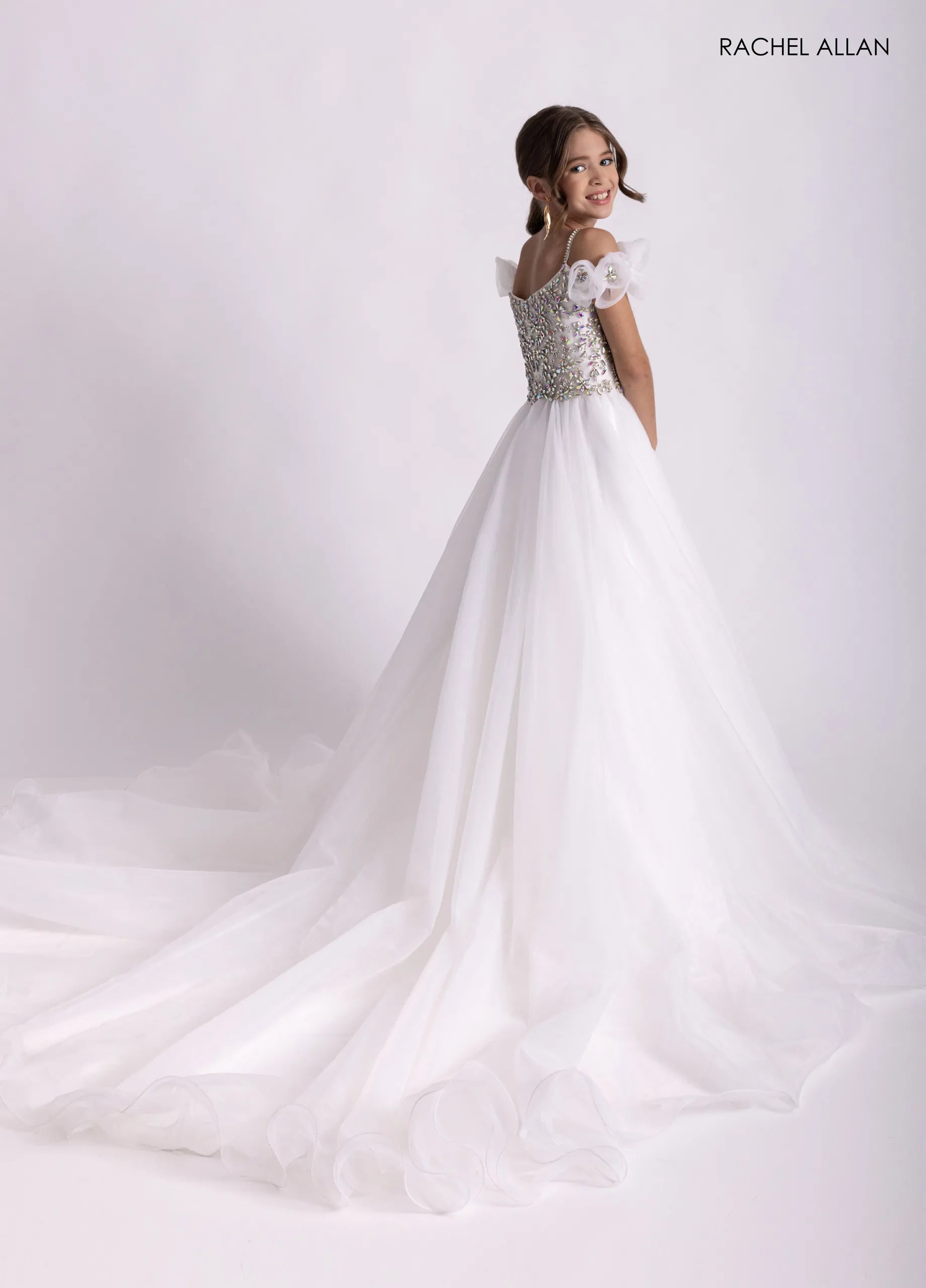 White Scoop Floor-Length Tulle Flower Girl Dress with Beaded Bodice Rachel Allan 10300